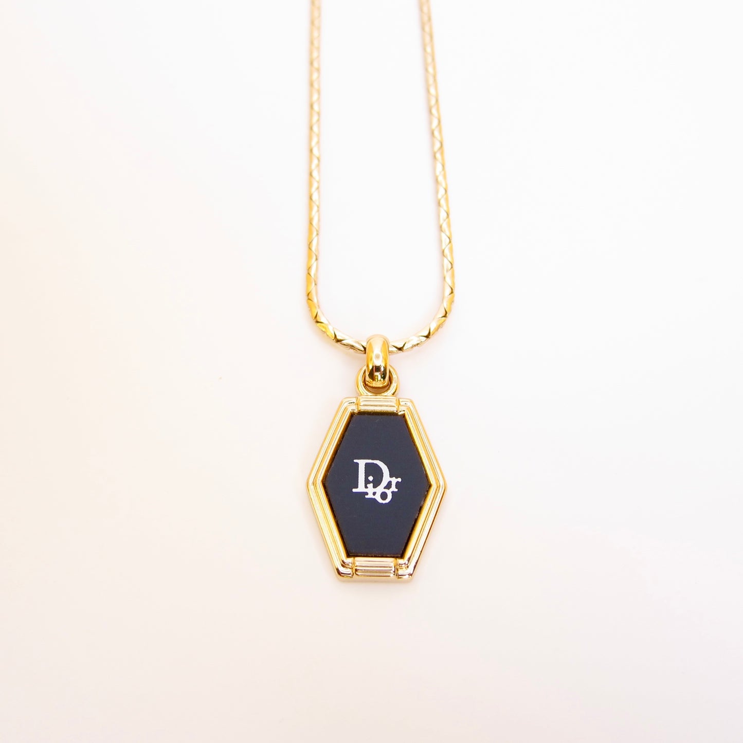 Christian Dior Vintage Dior Logo on Hexagon Black and Golden Necklace