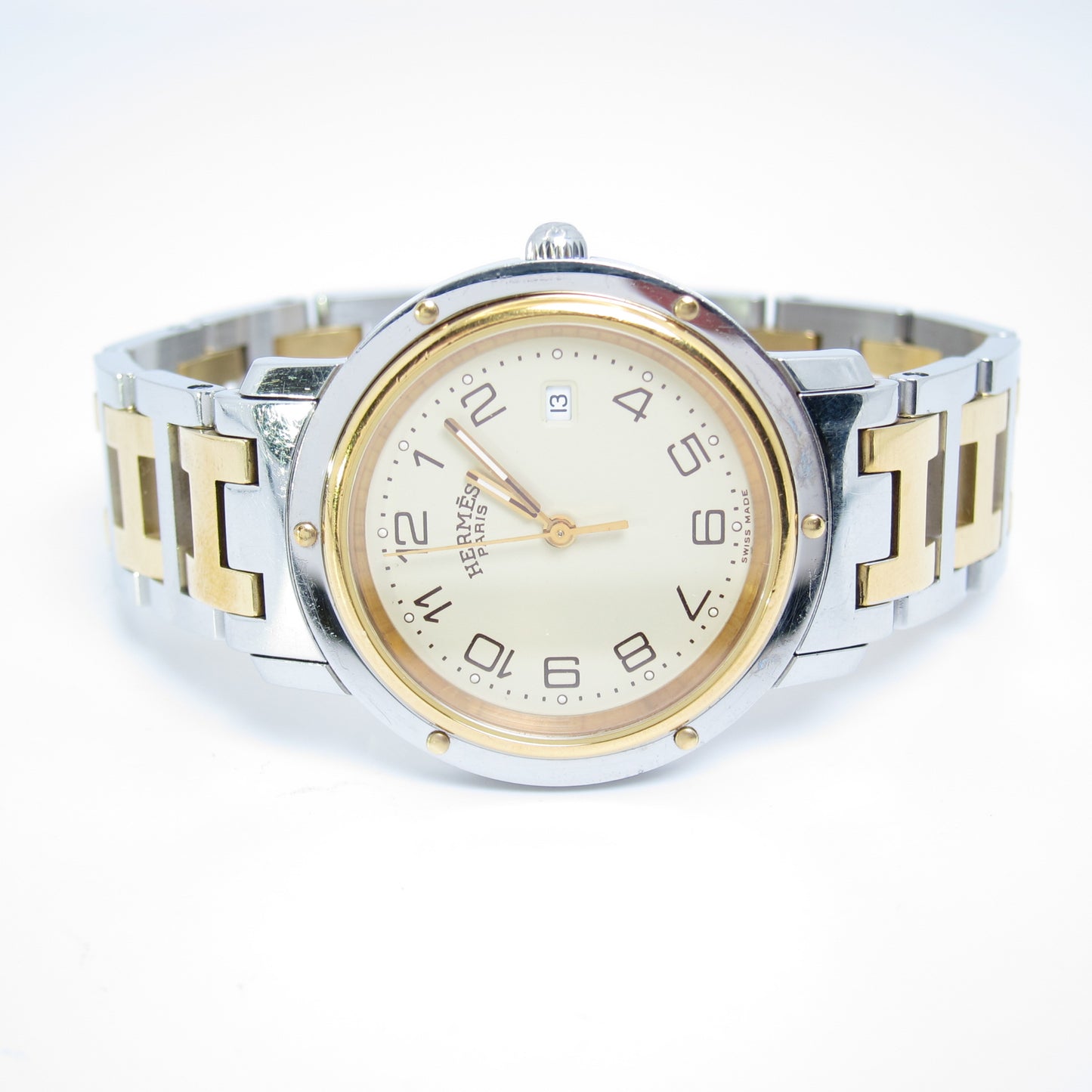 Hermes Vintage Clipper Ivory Dial with Date and H Bracelet Two Tone Watch