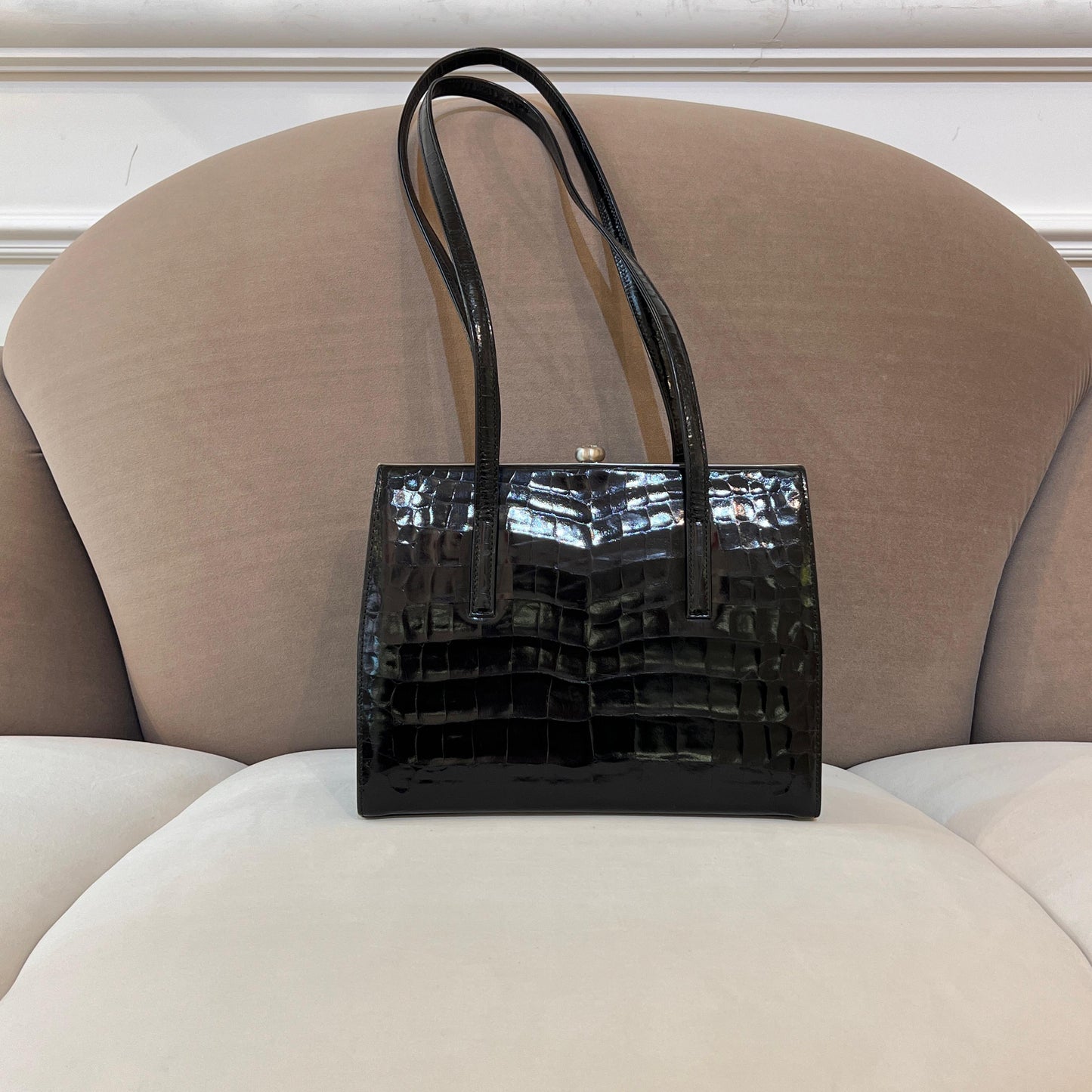 Versace Vintage Black Crocodile-Embossed Leather Tote Bag With Clasp Closure