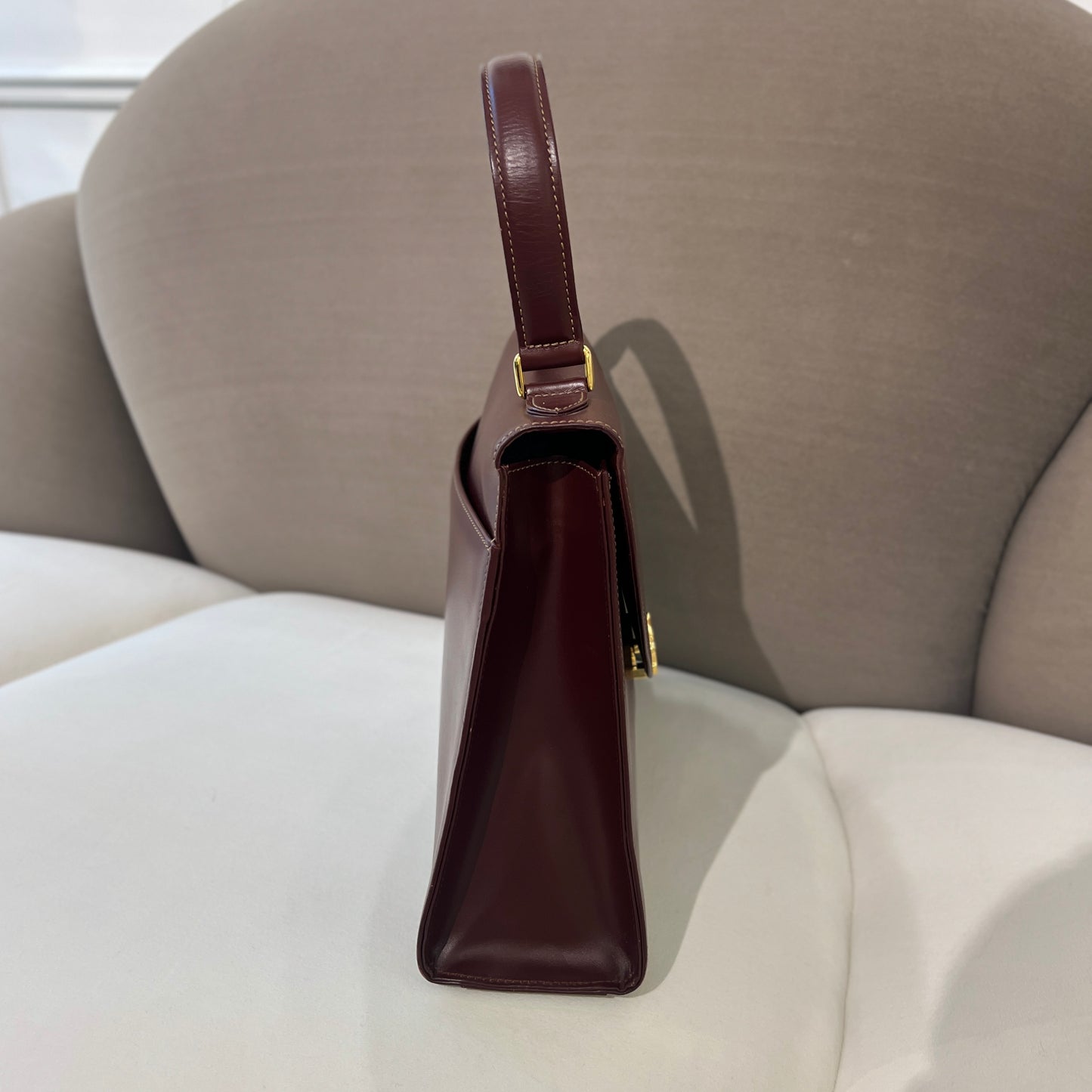 Cartier Vintage Golden Buckle Burgundy Red Leather Top Handle Handbag