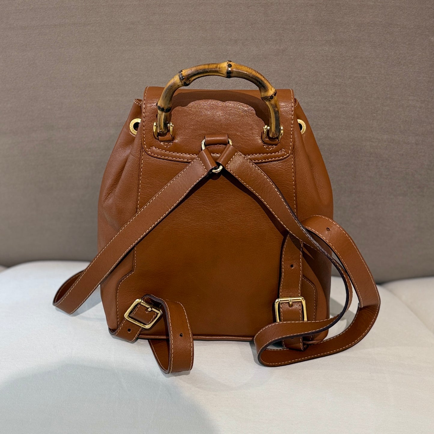 Gucci Vintage Mini Bamboo Tan Leather Backpack With Front Pocket
