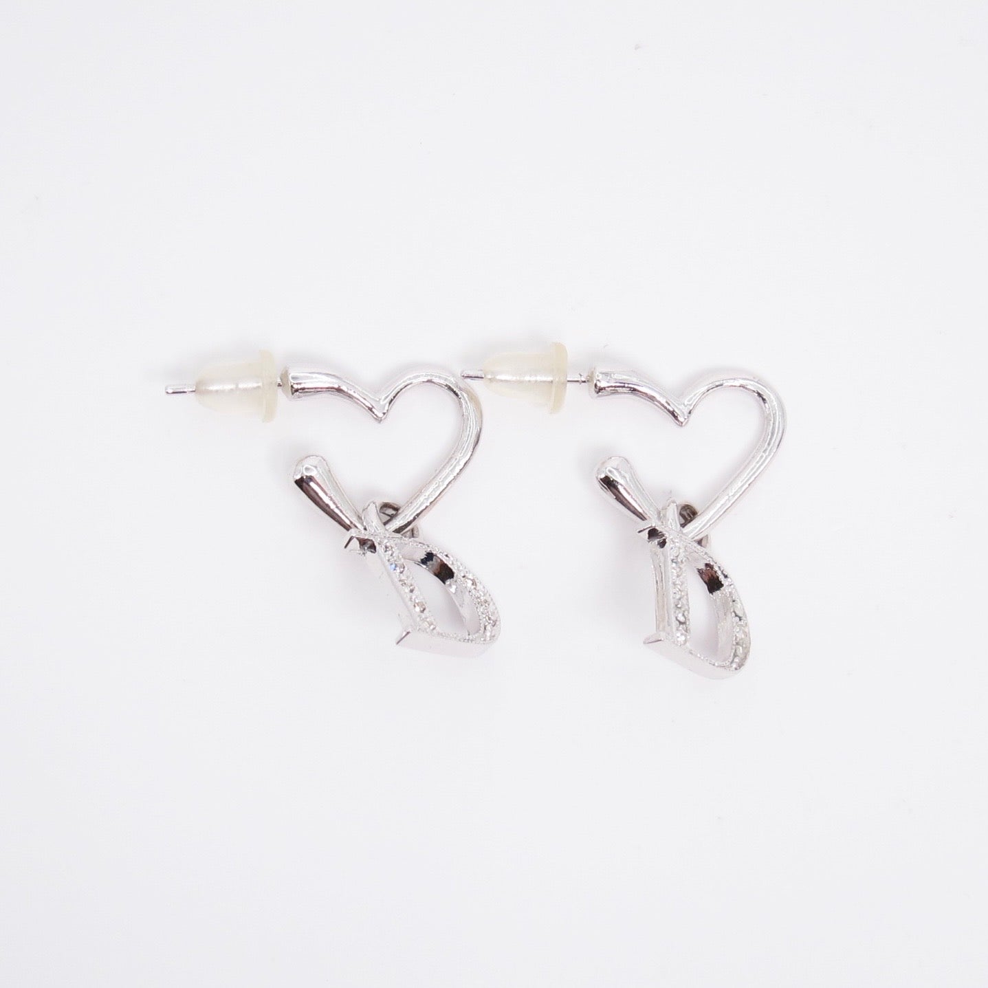 Christian Dior Vintage D Logo with Rhinestone on Heart Silver Earrings