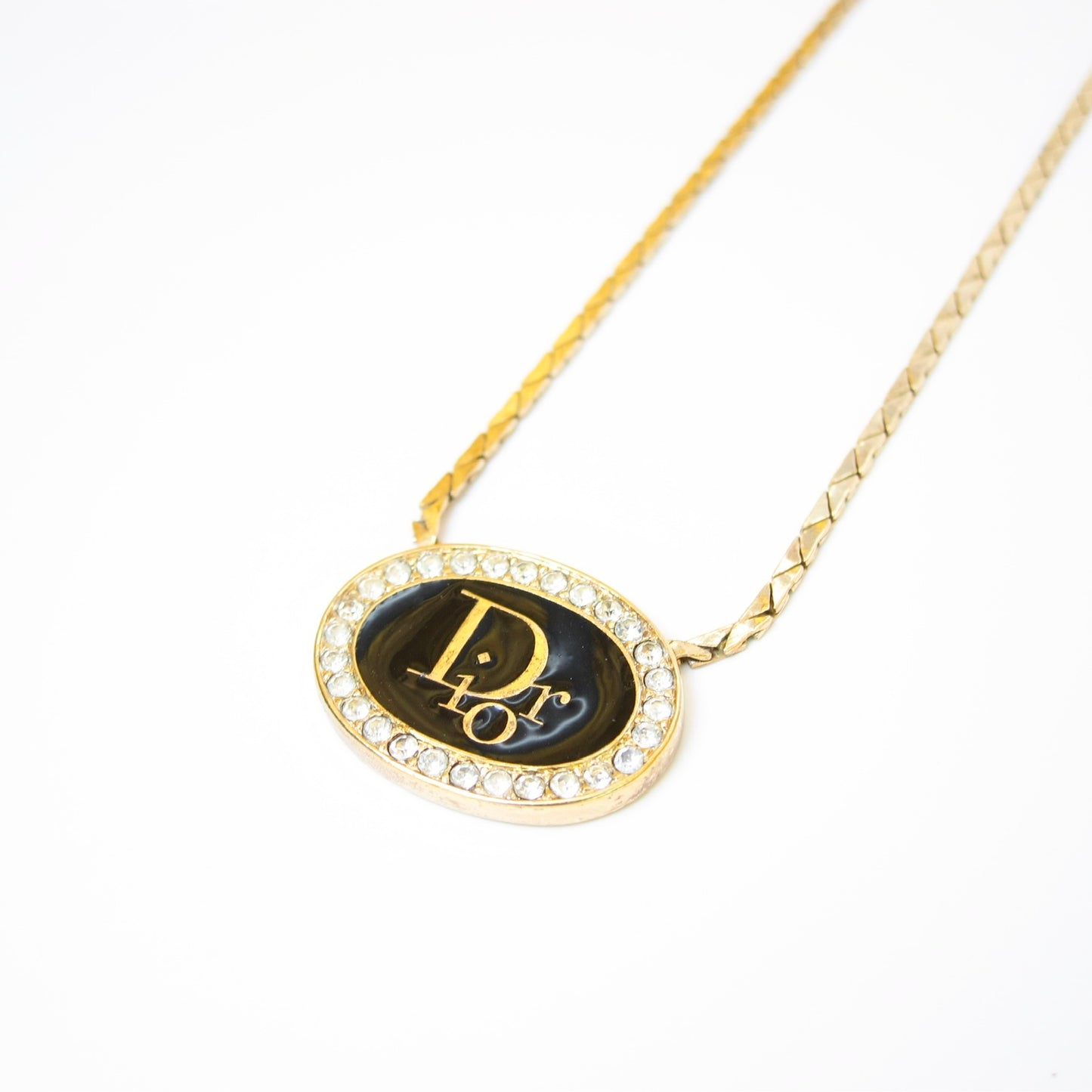 Christian Dior Vintage Dior Logo on Oval Shape Black and Rhinestone Golden Necklace