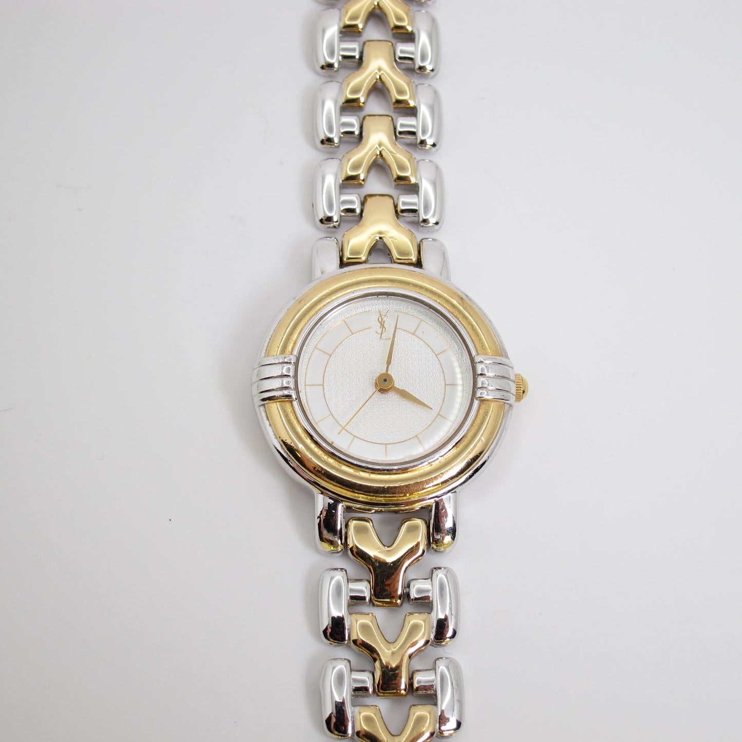 Yves Saint Laurent Vintage Gold and Silver Two Tone Watch with Y Logo Bracelet