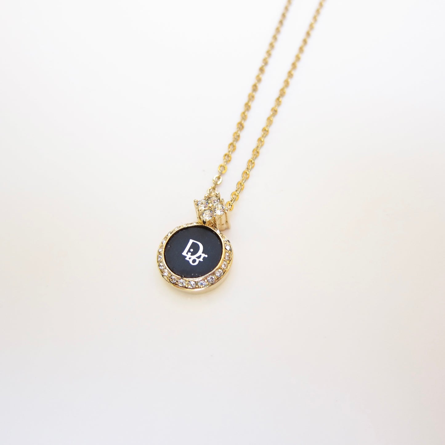 Christian Dior Vintage Dior Logo in Black Circle with Rhinestone Golden Necklace