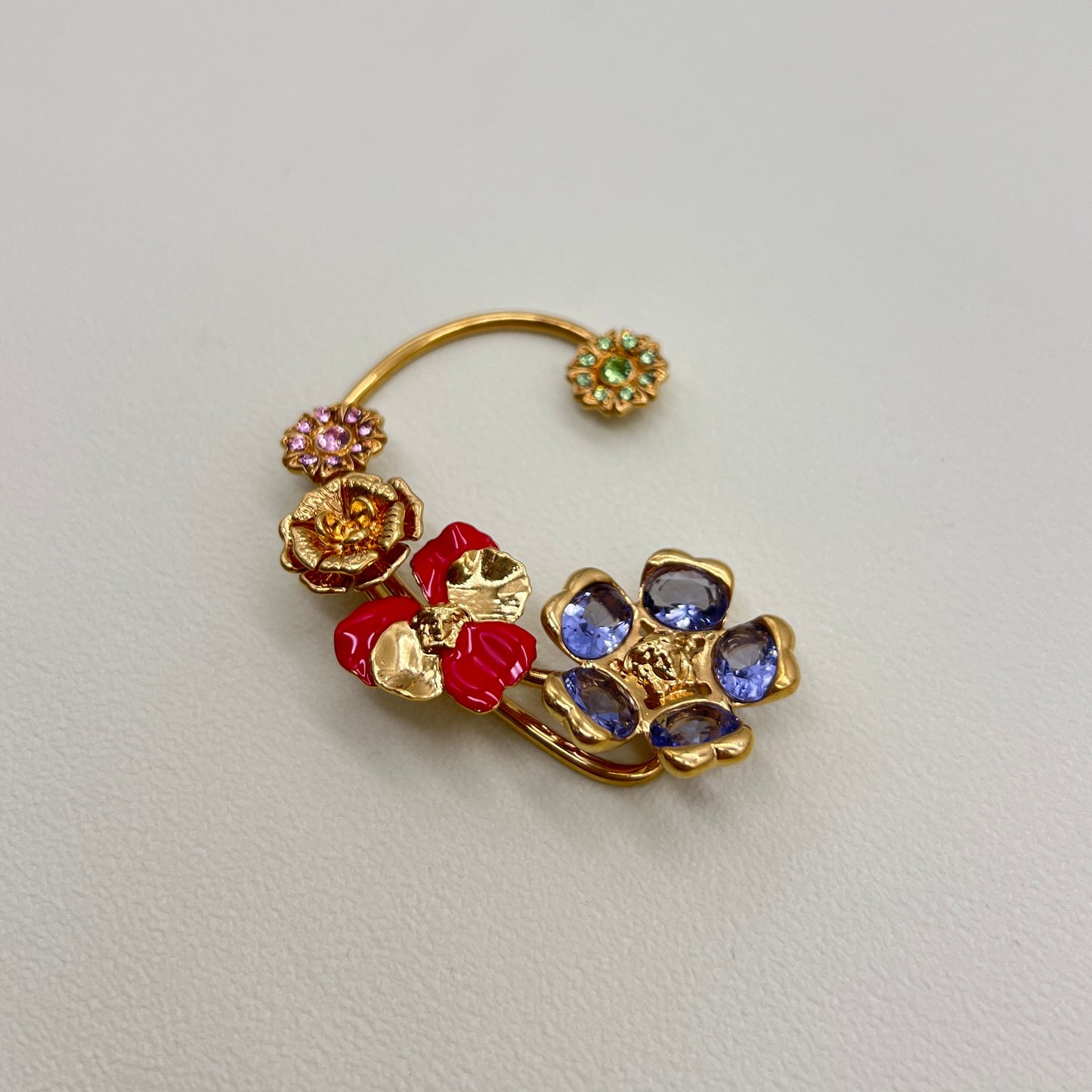 Versace Vintage Medusa Flower Motif With Multi Color Stone Golden Ear Cuff