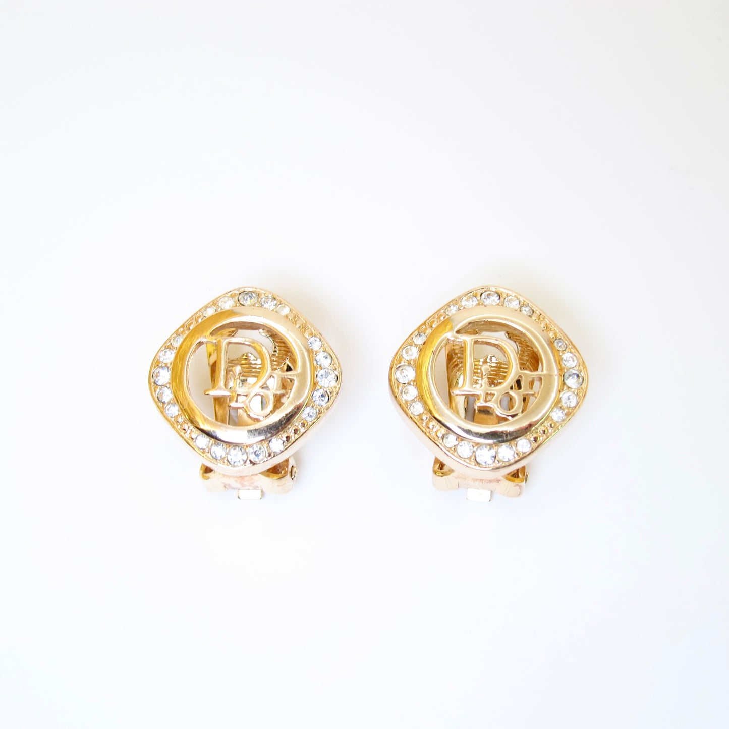 Christian Dior Vintage Dior Logo in Rhombus with Rhinestone Golden Clip-on Earrings