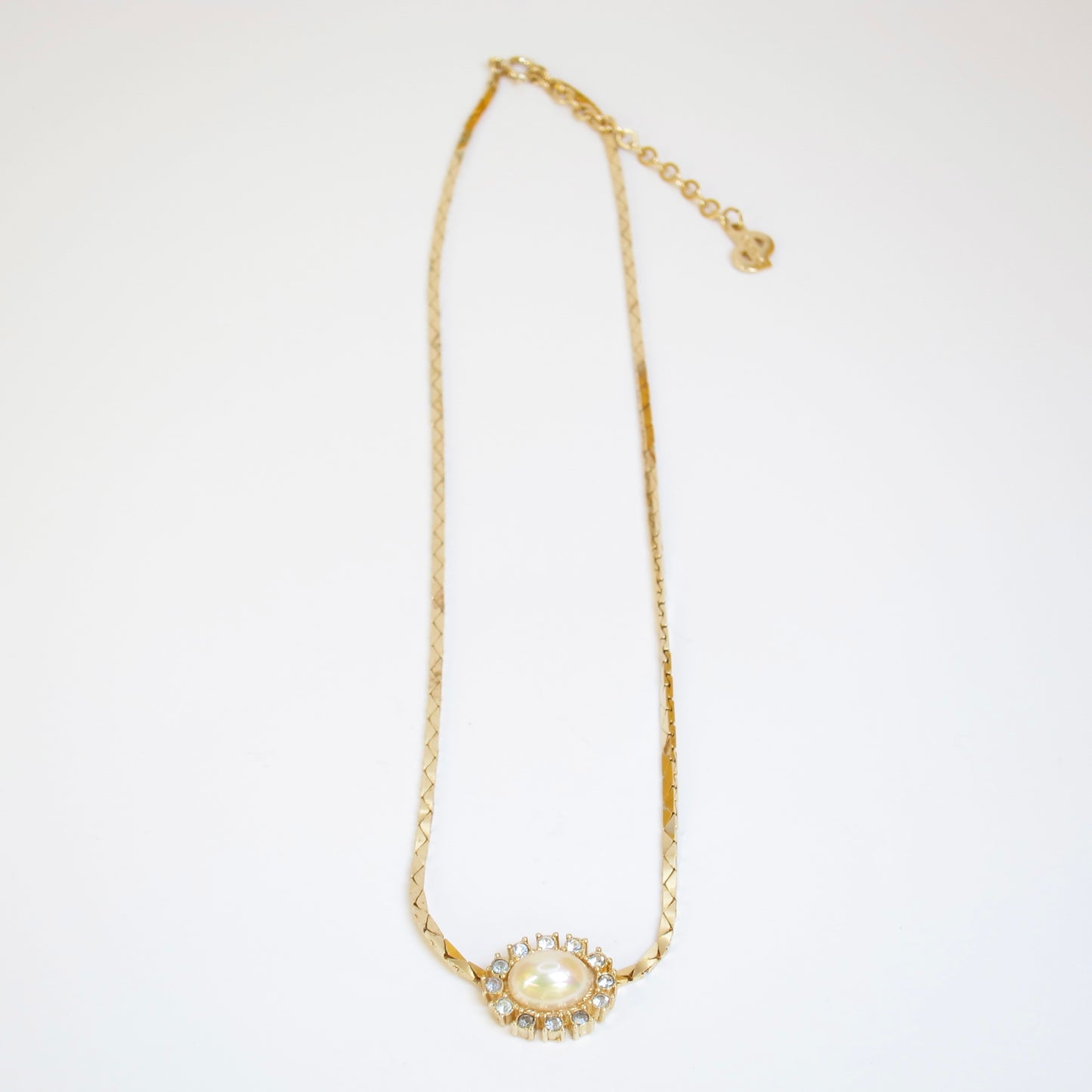 Christian Dior Vintage Oval Shape Pearl and Rhinestone Golden Necklace