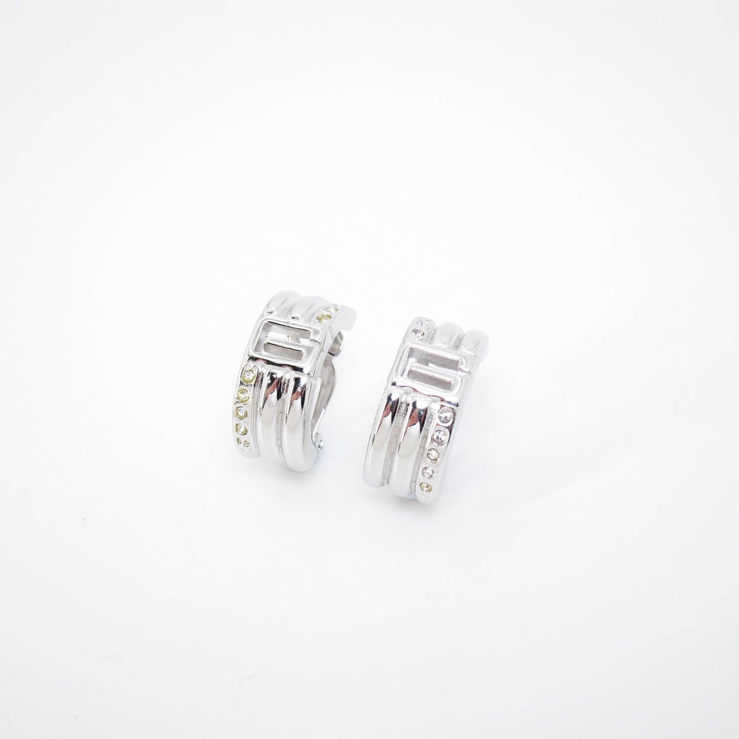 Givenchy Vintage G Logo and Rhinestone Silver Clip-on Earrings