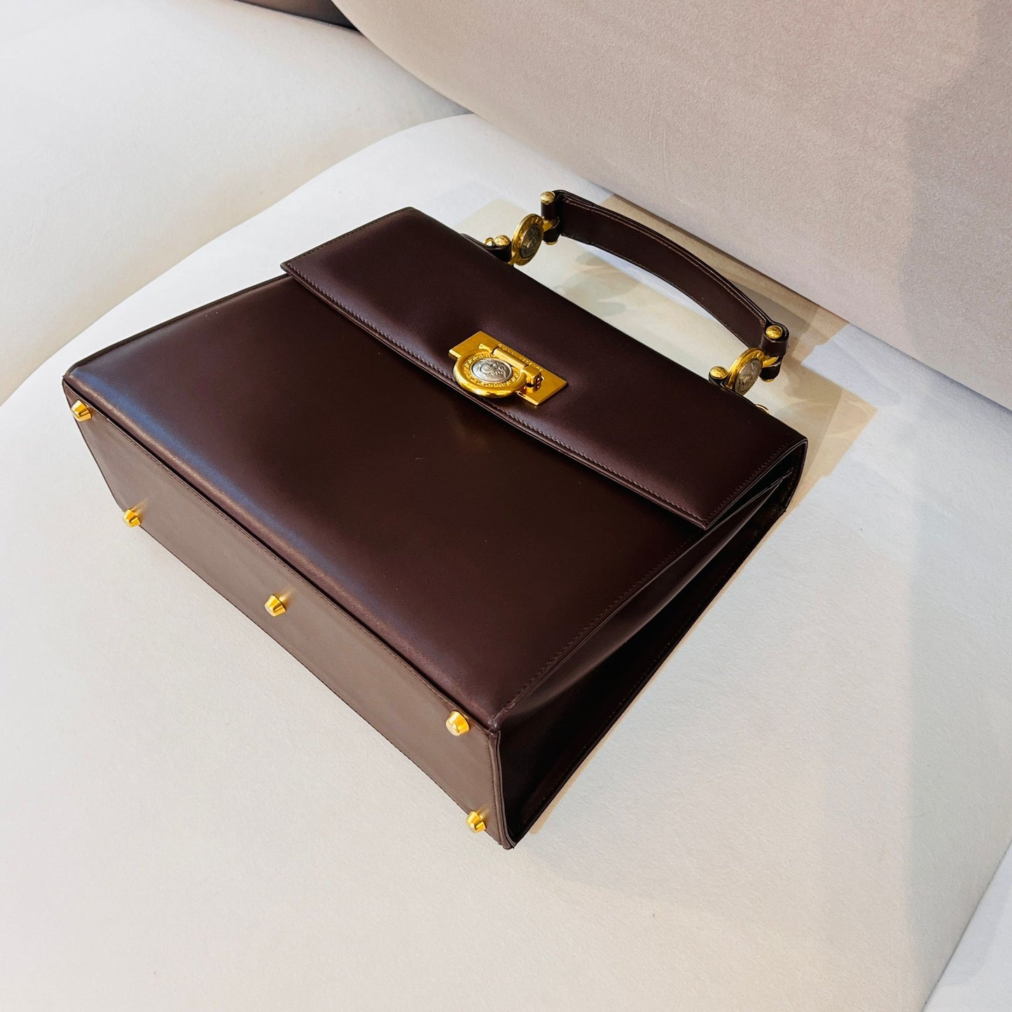 Versace Vintage Medusa Leather 2-Way Handbag In Deep Brown