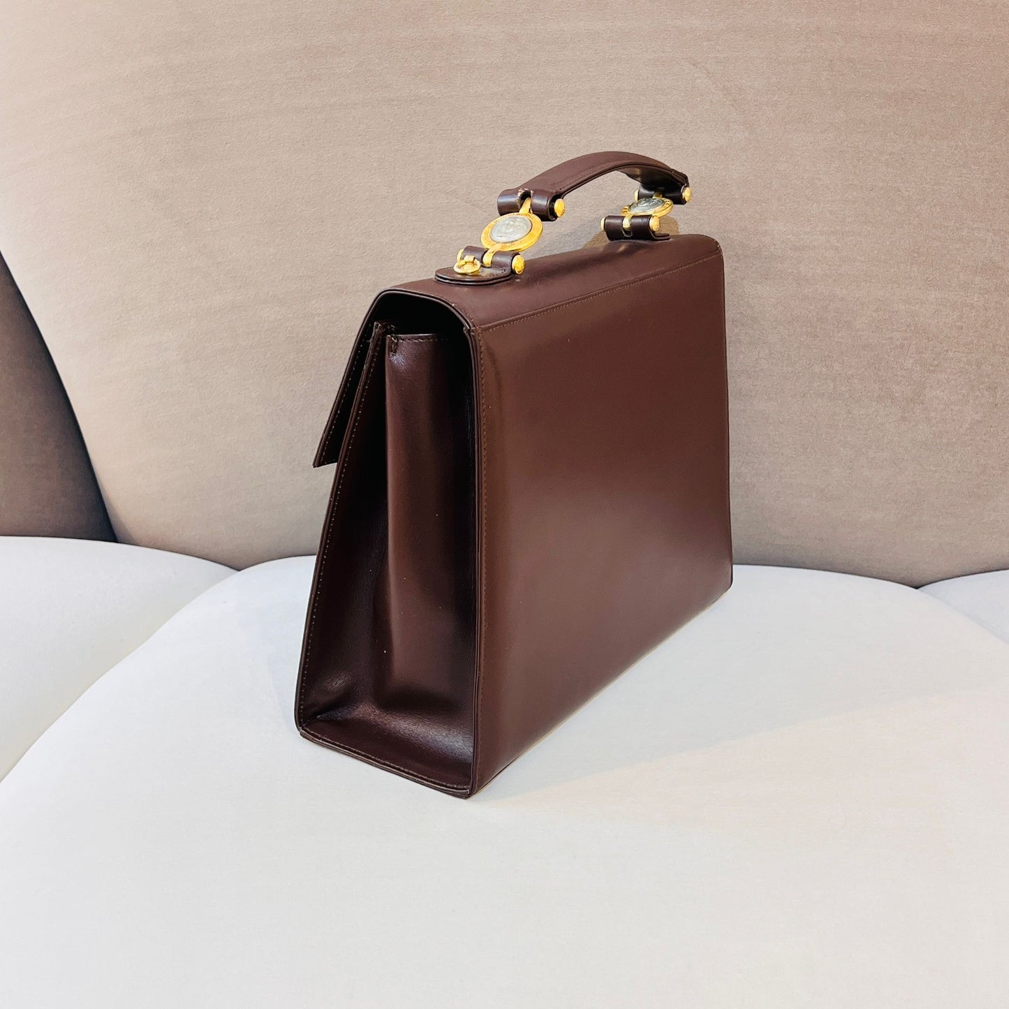 Versace Vintage Medusa Leather 2-Way Handbag In Deep Brown
