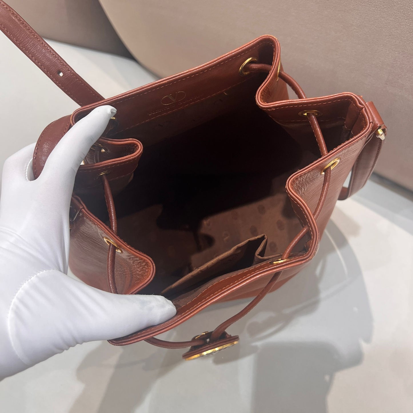 Valentino Garavani Vintage Textured Leather Brown Drawstring Bucket Shoulder Bag