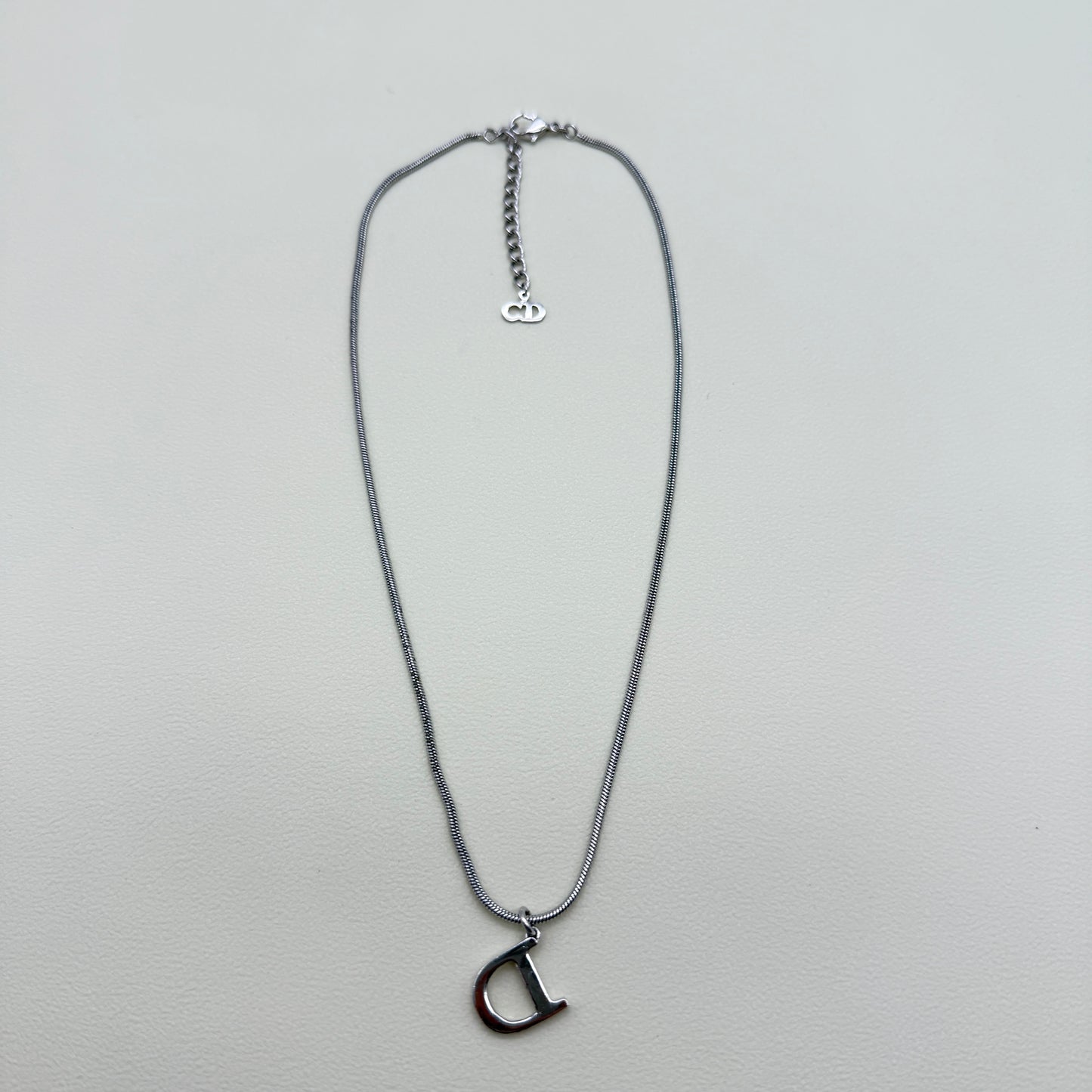 Christian Dior Vintage CD Logo on D Pendant Silver Necklace