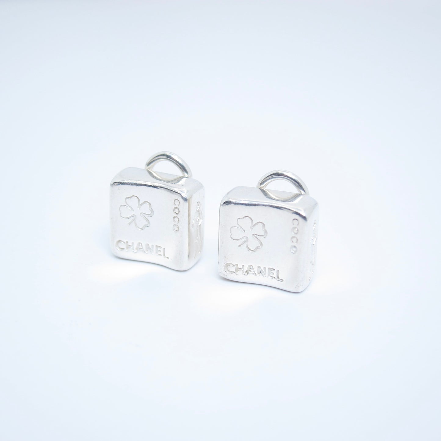 Chanel Vintage Chanel Logo and Clover Square SV 925 Silver Clip-on Earrings