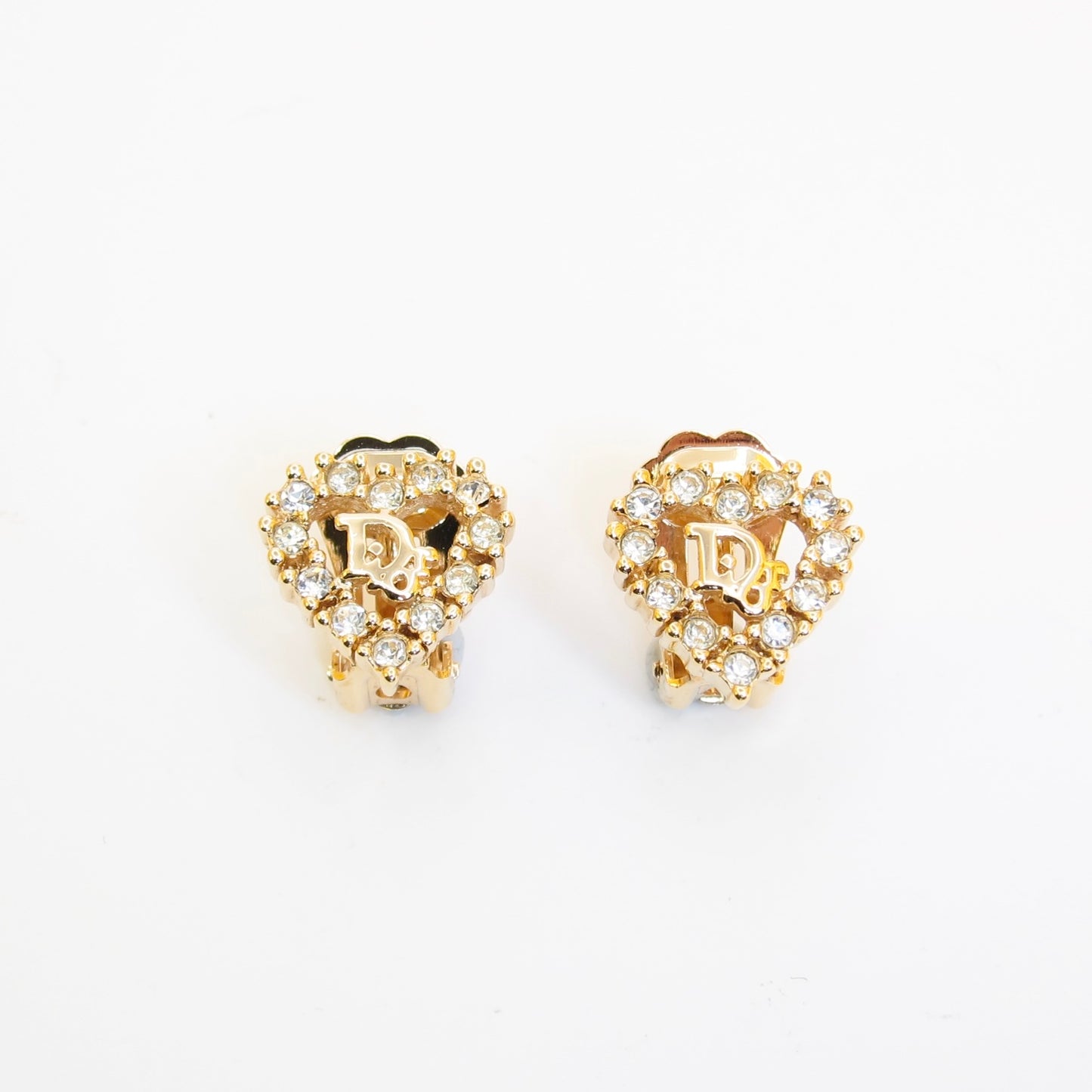 Christian Dior Vintage Dior Logo in Heart with Rhinestone Golden Clip-on Earrings