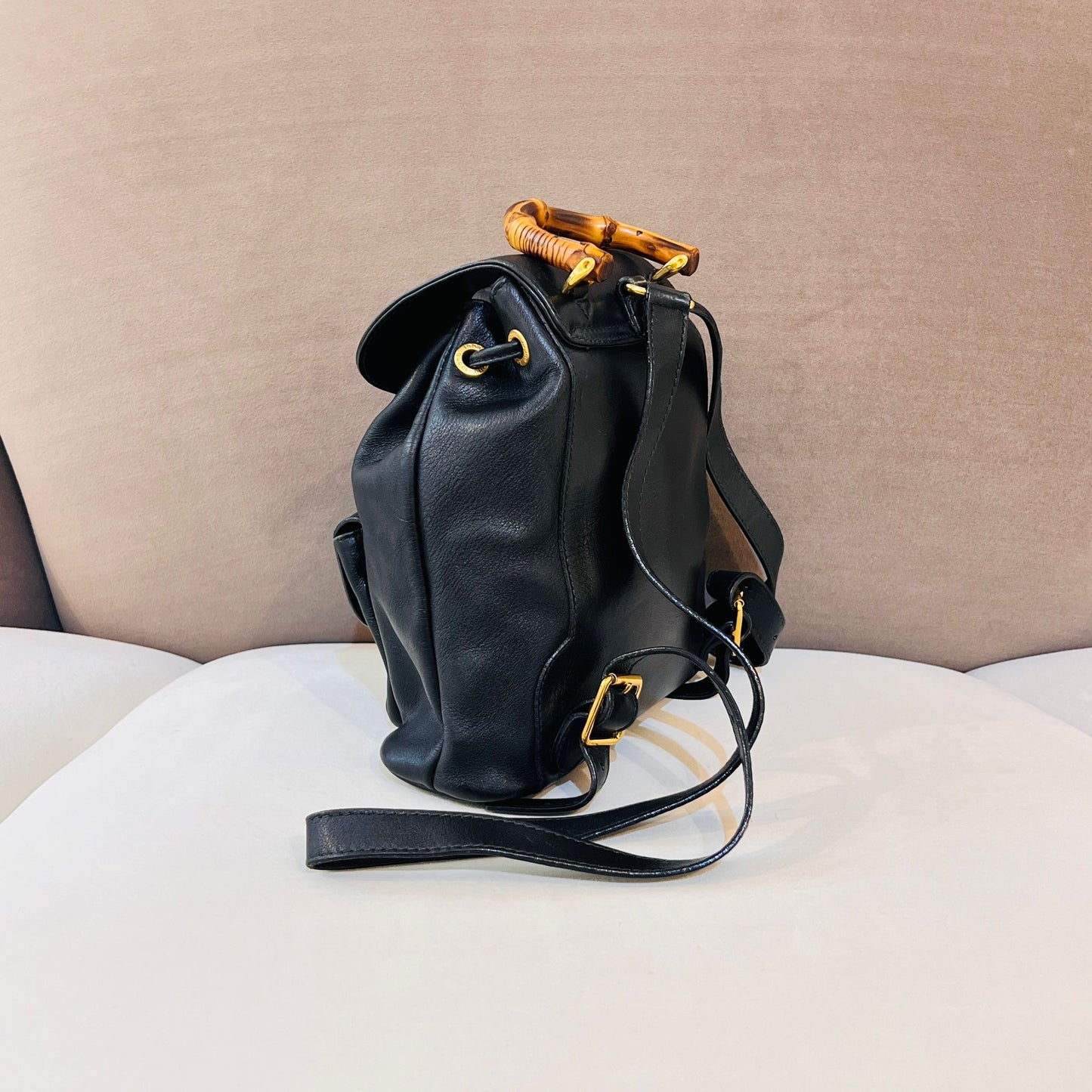 Gucci Vintage Bamboo Black Leather Small Backpack