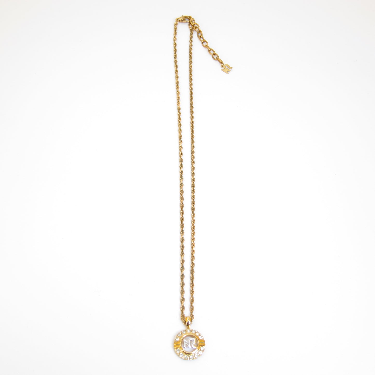 Nina Ricci Vintage NR Logo in Circle with Rhinestone Golden Necklace
