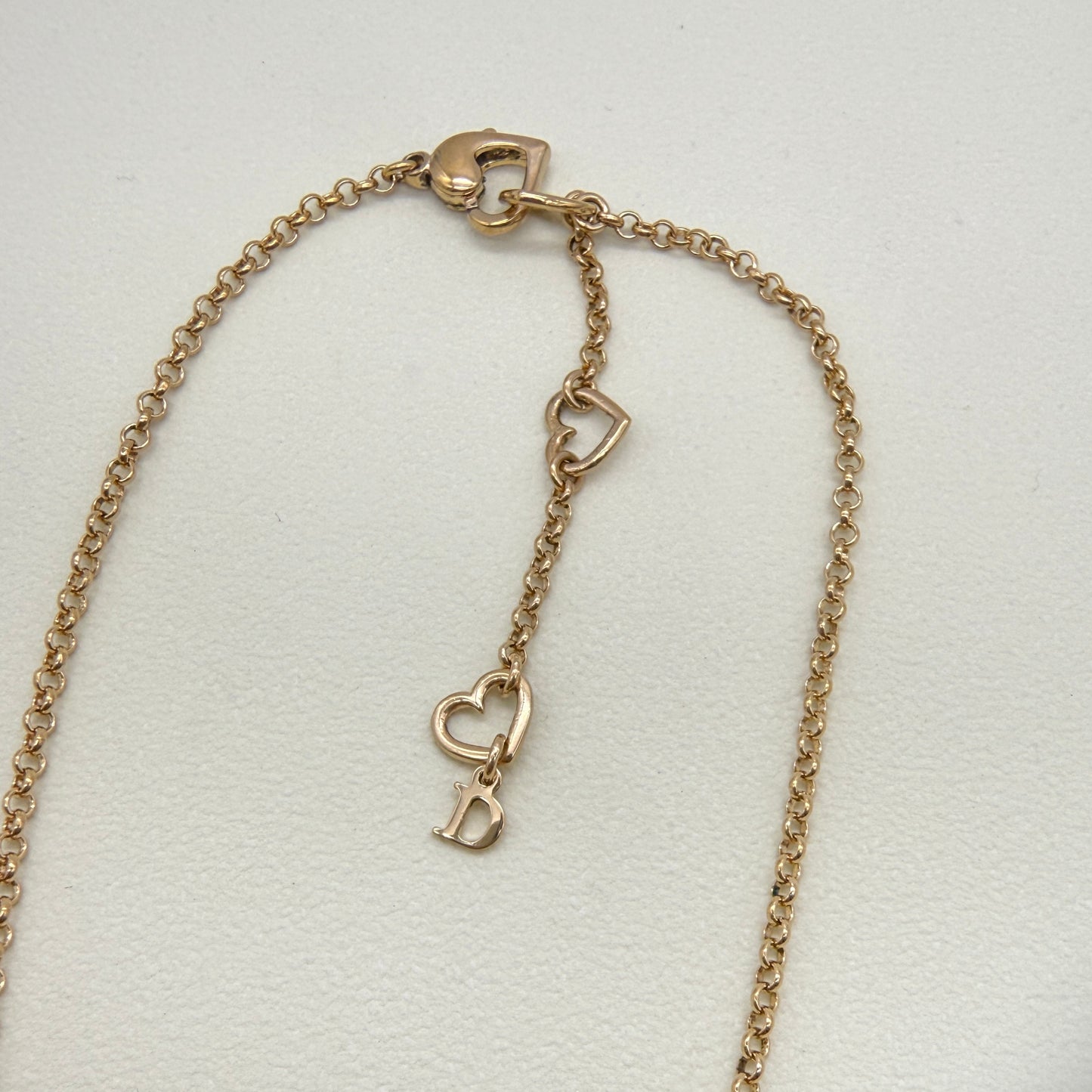 Christian Dior Vintage D Logo with Rhinestone and Heart Golden Necklace