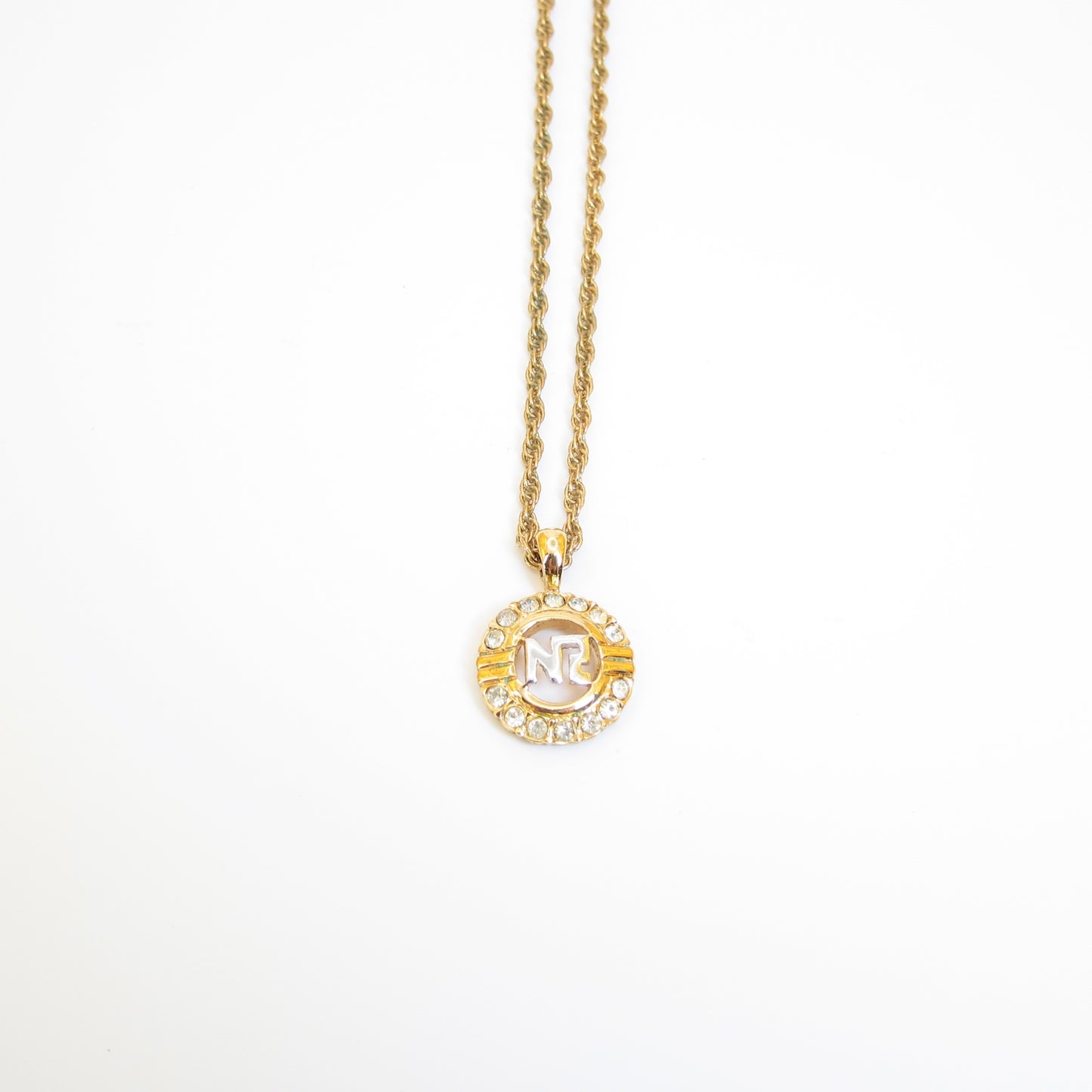 Nina Ricci Vintage NR Logo in Circle with Rhinestone Golden Necklace