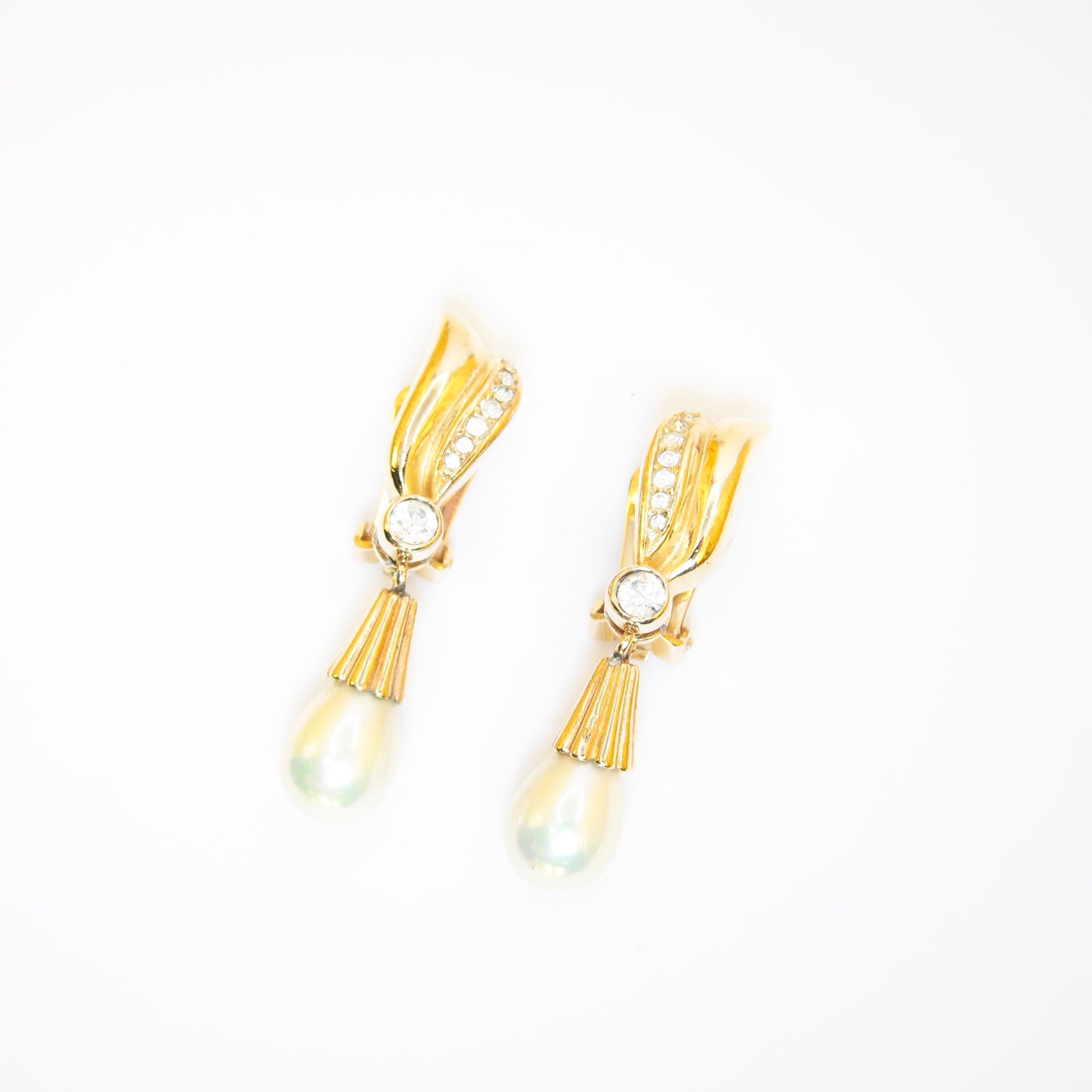 Christian Dior Vintage Stylish Pearl and Rhinestone Golden Clip-on Earrings