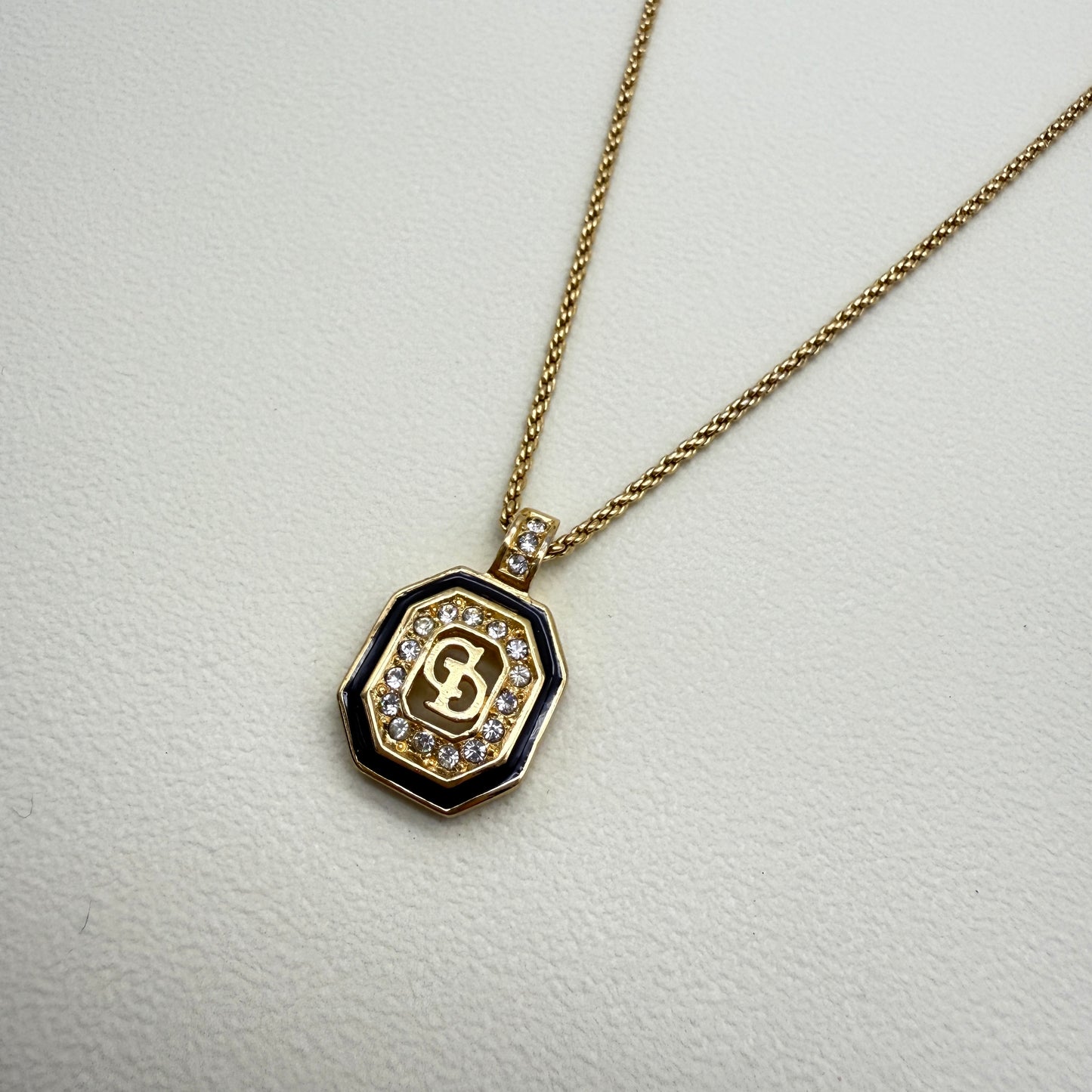 Christian Dior Vintage CD Logo in Octagon with Rhinestone Black and Golden Necklace