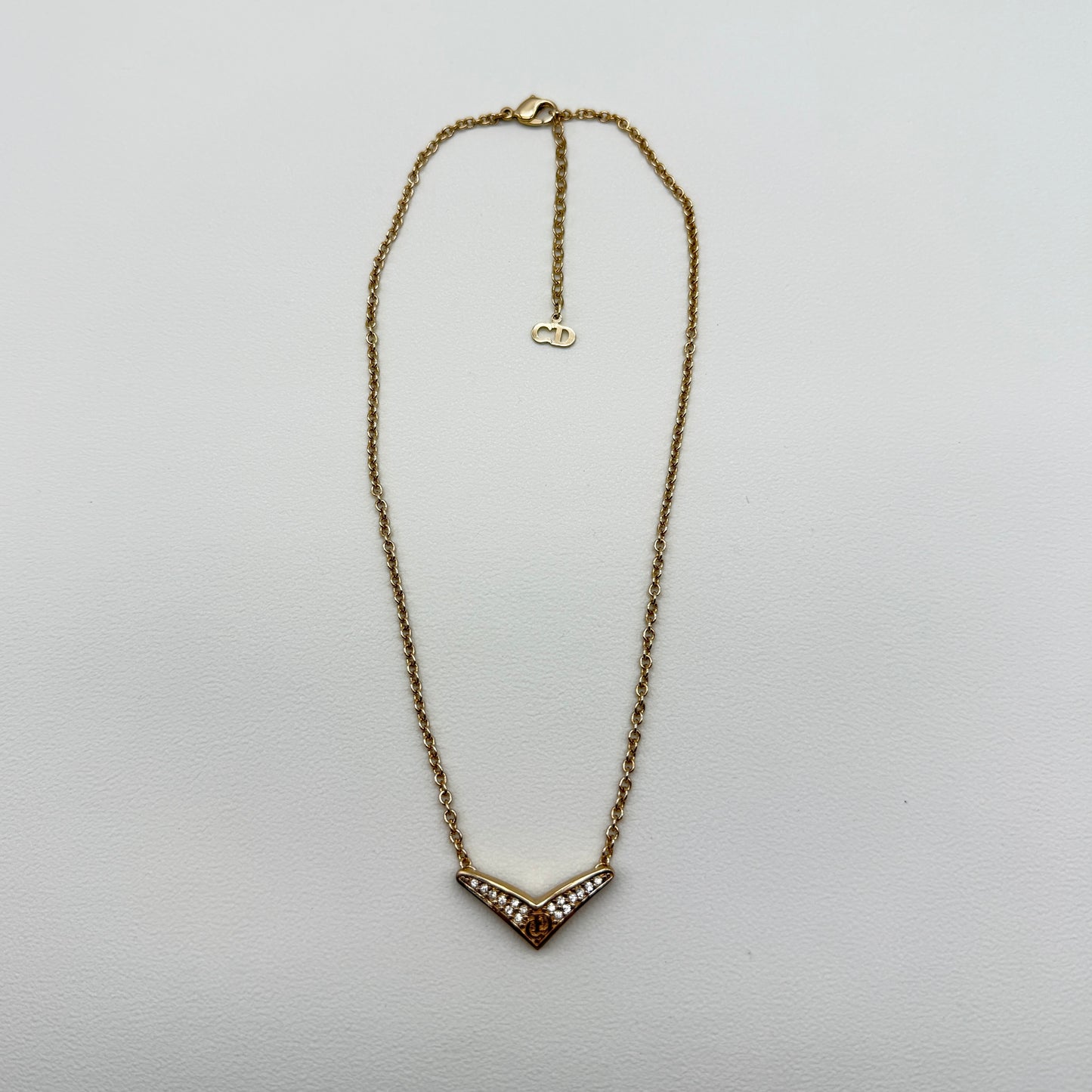 Christian Dior Vintage CD Logo in V Shape with Rhinestone Golden Necklace
