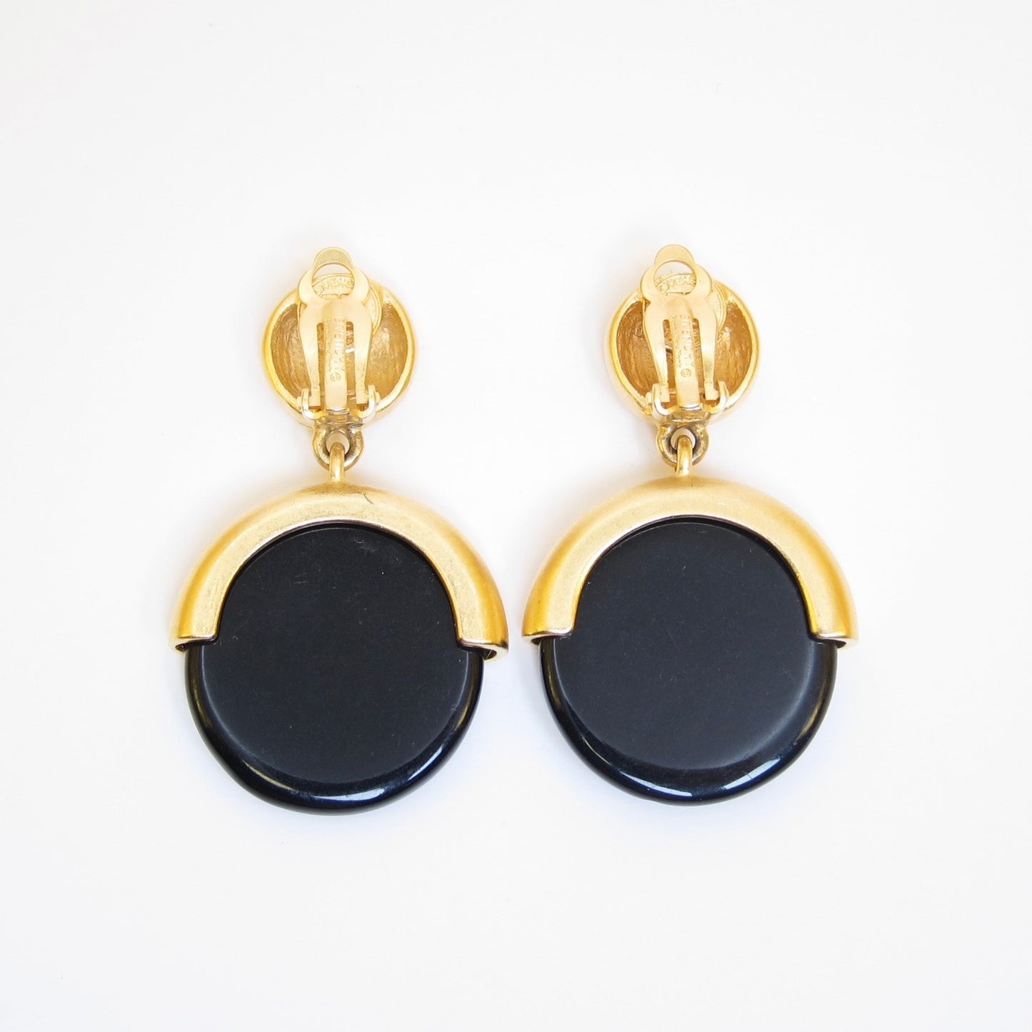Givenchy Vintage Black Lucite and Satin Golden Drop Clip-on Earrings