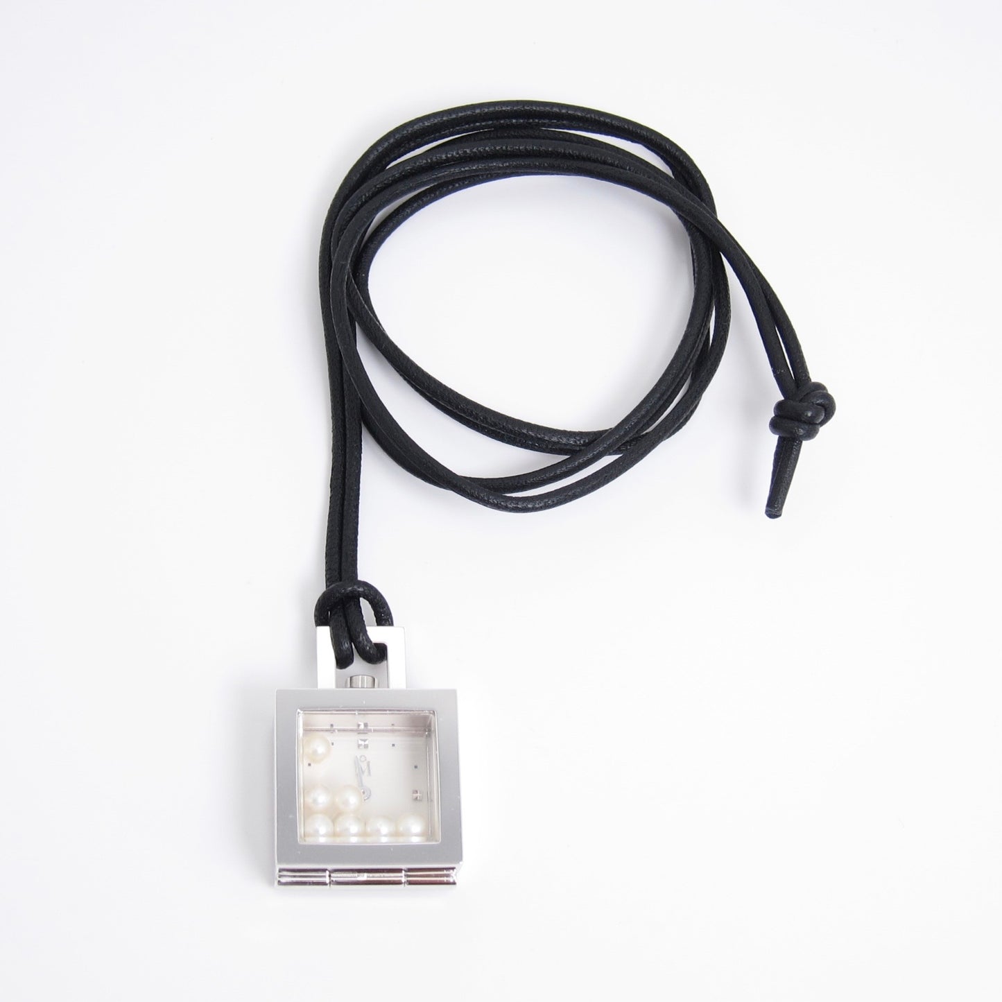 Mikimoto Vintage Square White Face Silver Pendant Watch with Pearl Box and Black Leather Cord