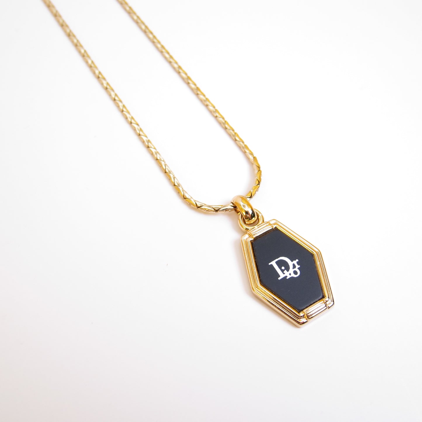 Christian Dior Vintage Dior Logo on Hexagon Black and Golden Necklace
