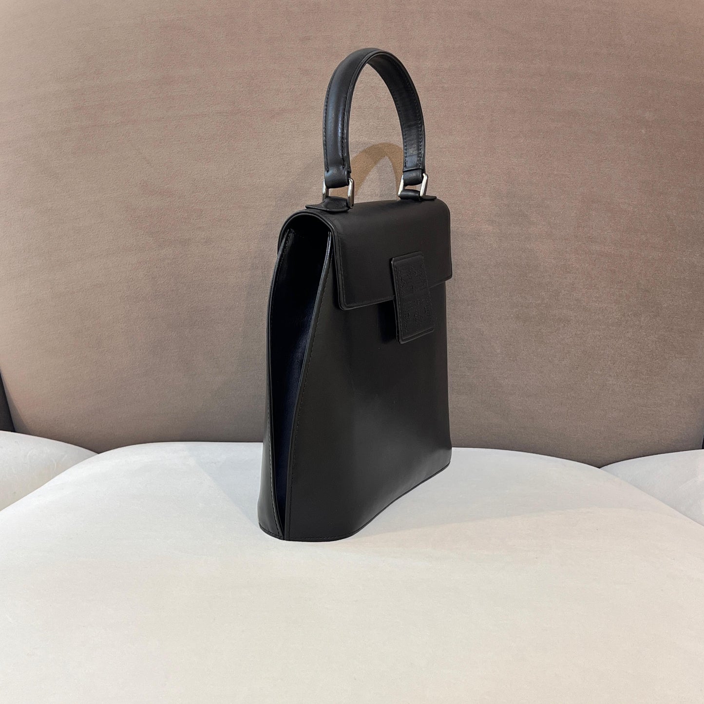Givenchy Vintage Black Structured Leather Top Handle Bag With Tonal Anagram Patch