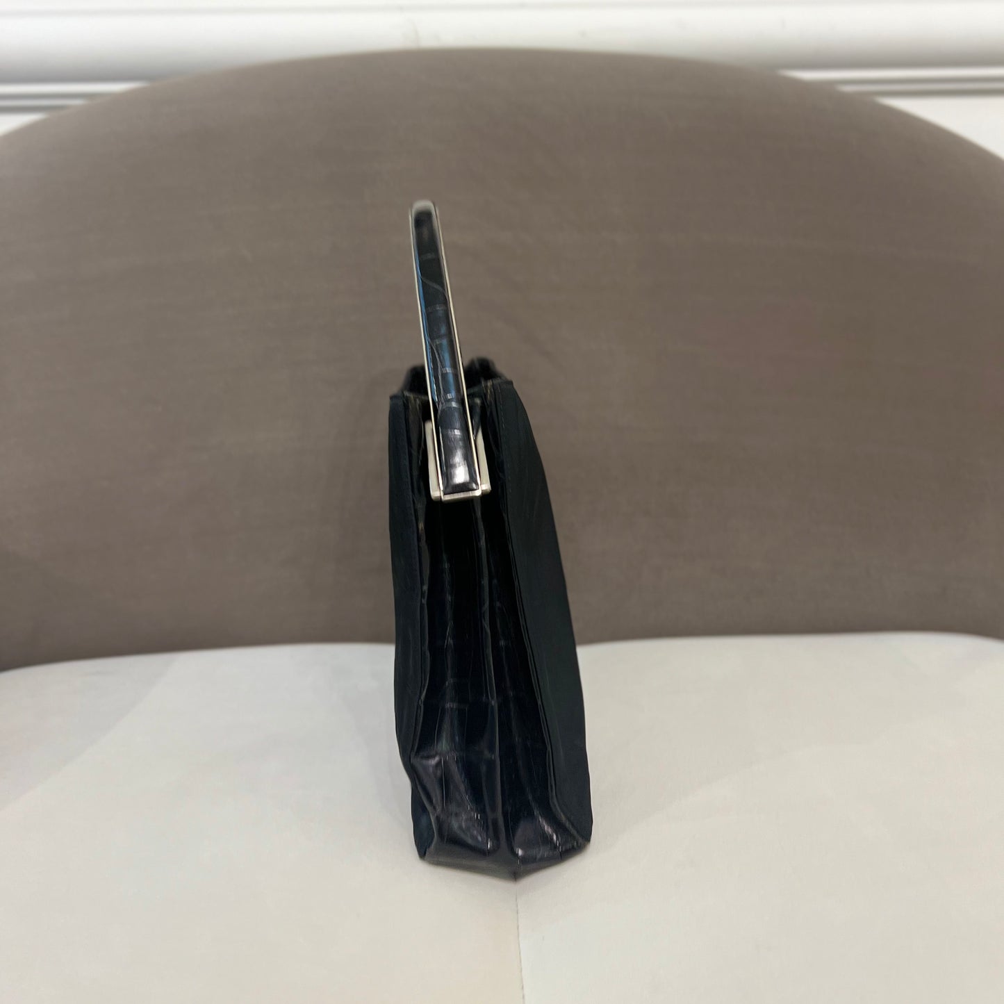 Prada Vintage Black Tessuto Metallo With Plastic Top Handle
