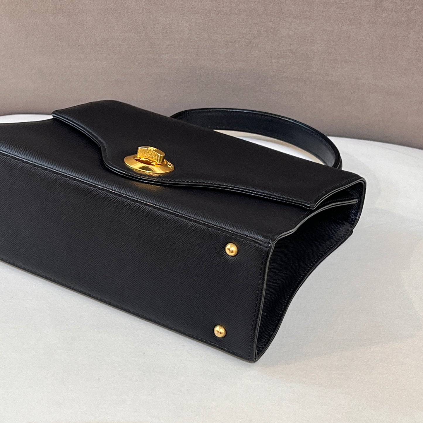 Givenchy Vintage Black Leather Gold Logo Turn Lock Top Handle Bag