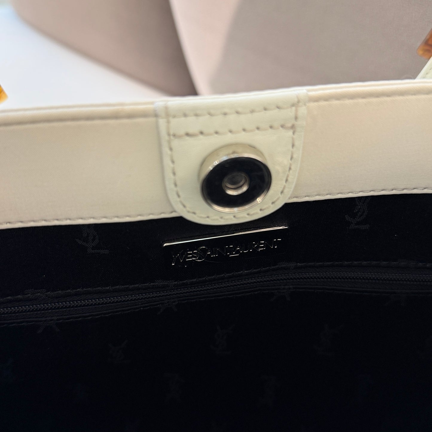 Yves Saint Laurent Vintage Embossed Logo Tortoise Shell White Leather Bag