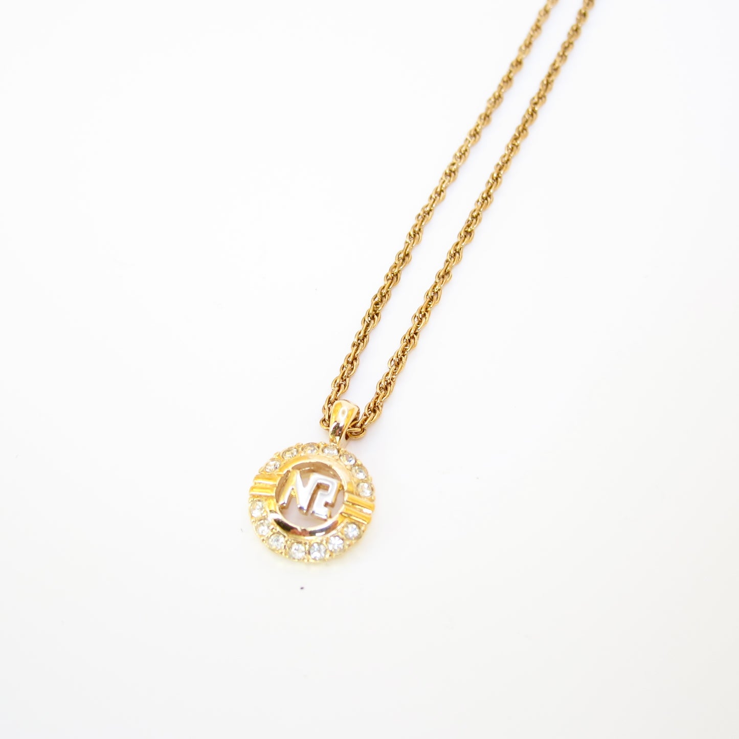 Nina Ricci Vintage NR Logo in Circle with Rhinestone Golden Necklace
