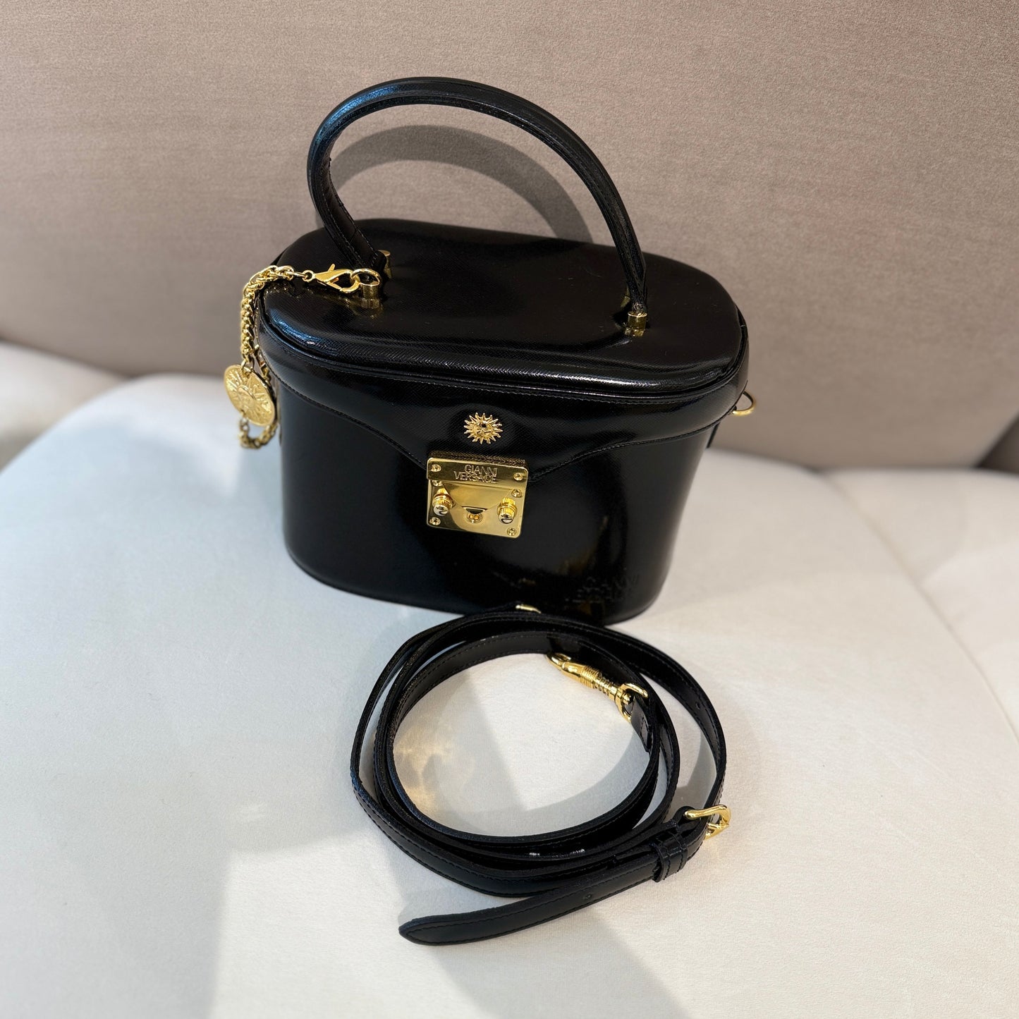 Versace Vintage Black Leather Vanity Style Medallion Top Handle Handbag