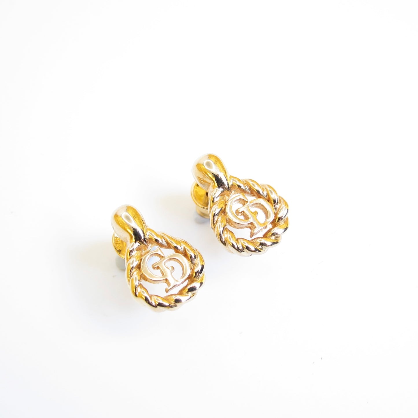 Christian Dior Vintage CD Logo in Twisted Drop Shape Golden Earrings