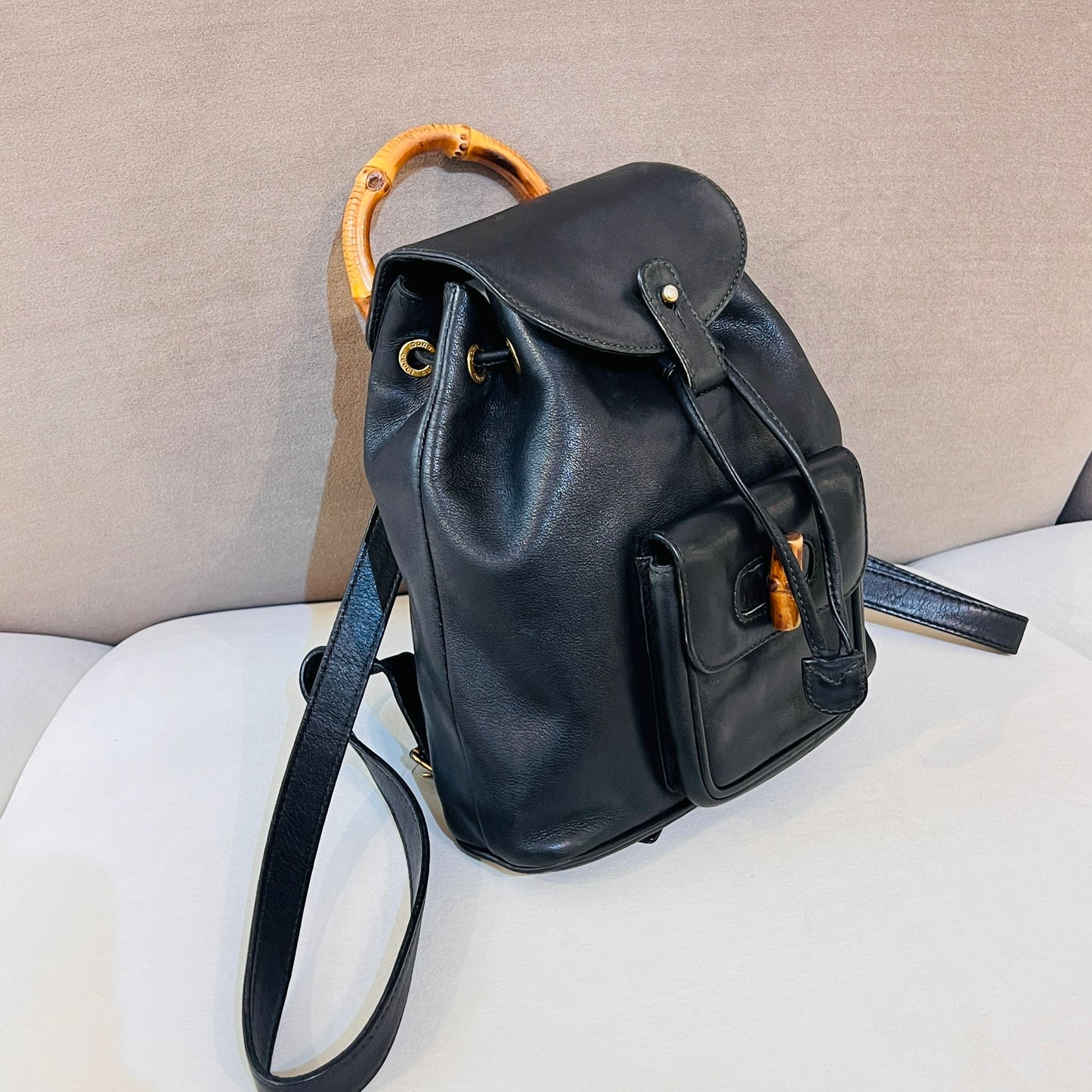 Gucci Vintage Bamboo Turn Lock Black Leather Small Backpack