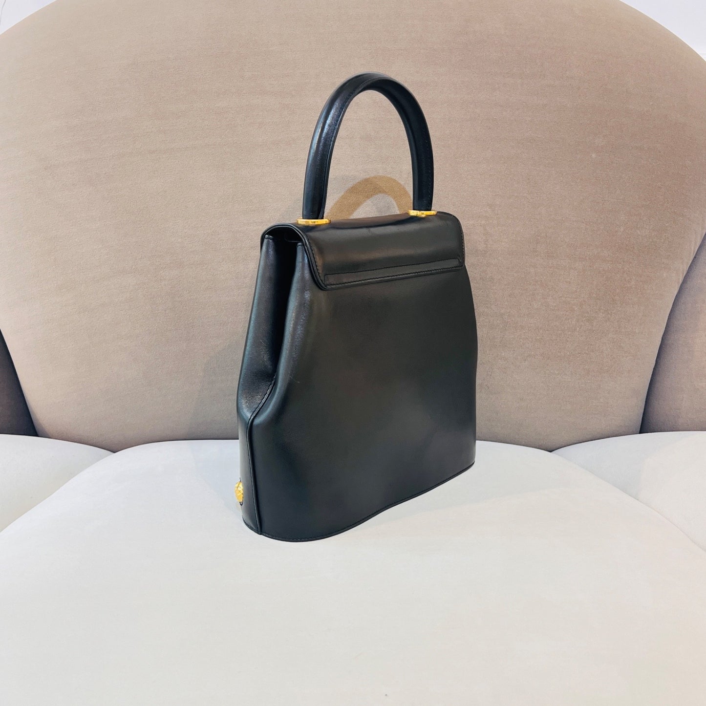 Ferragamo Vintage Black Leather 2-Way Handbag With Gold Medallions
