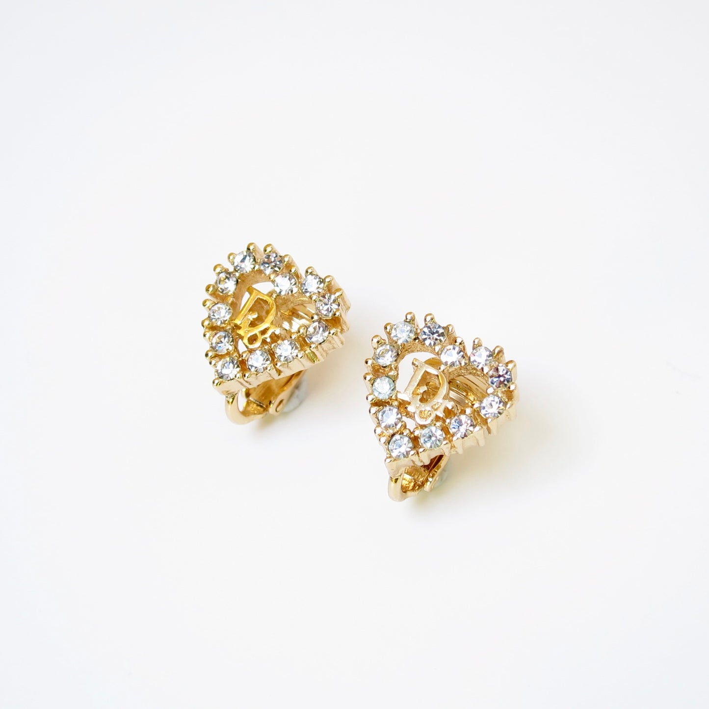 Christian Dior Vintage Dior Logo in Heart Shape with Rhinestone Golden Clip-on Earrings