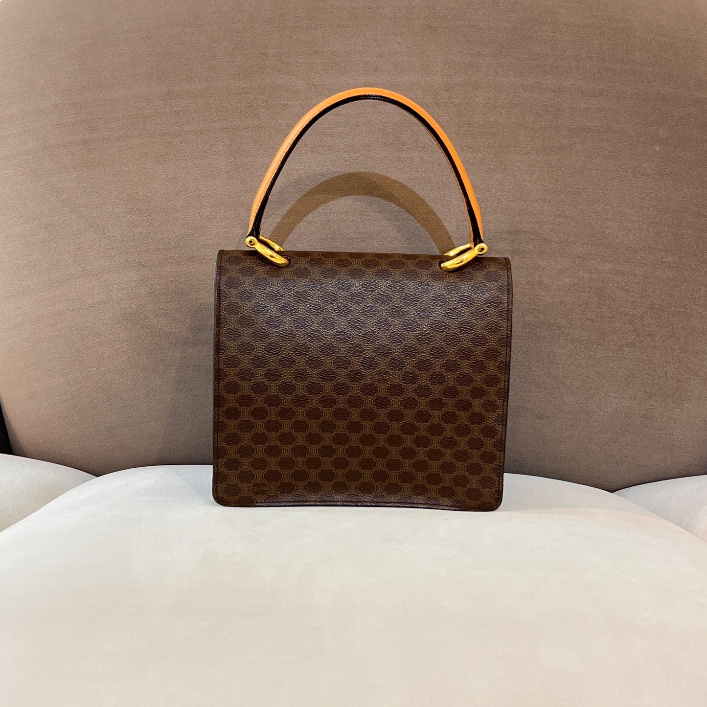 Celine Vintage Macadam Canvas Brown Leather Top Handle Bag