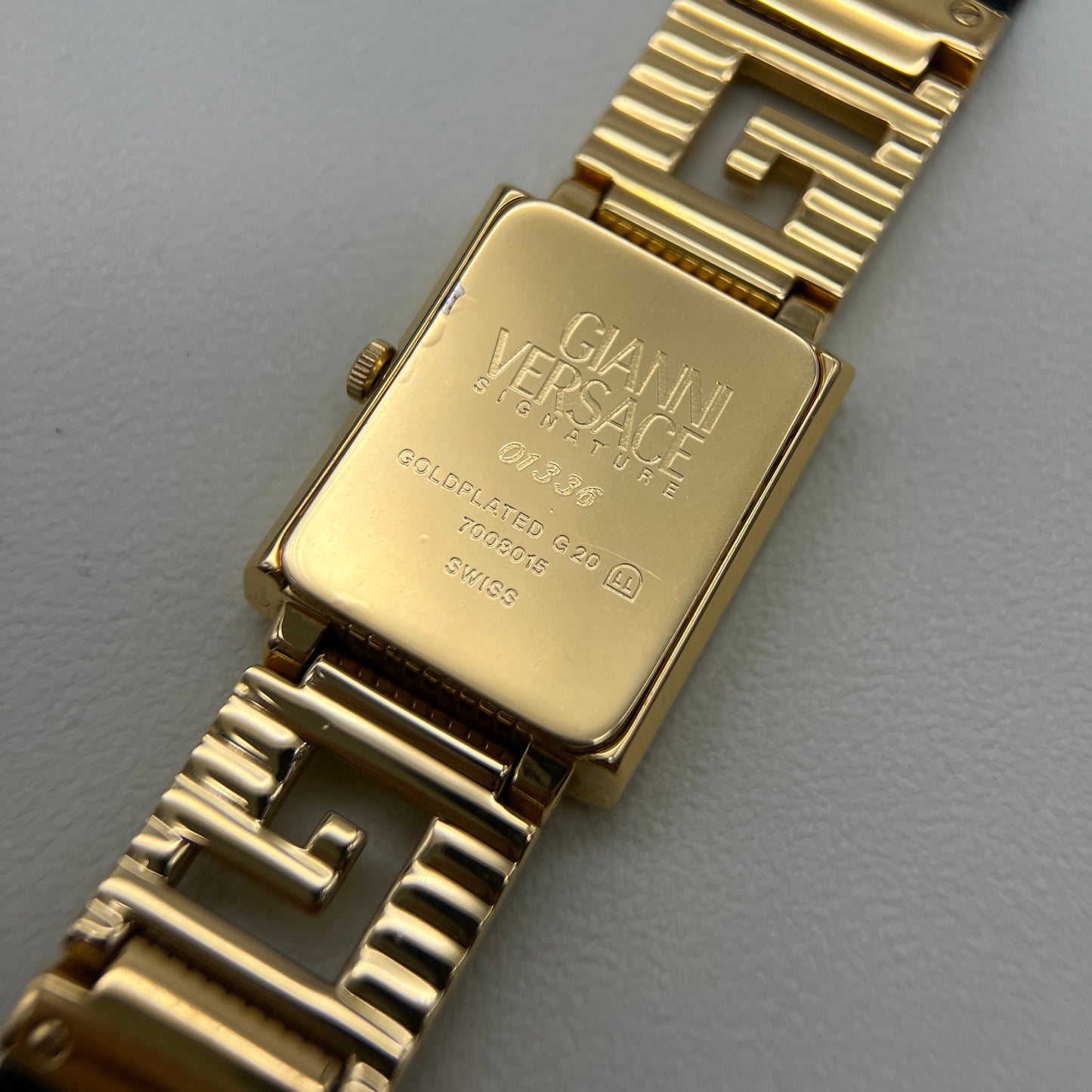Gianni Versace Vintage Rectangle Gold Frame Medusa Icon and Black Dial with Leather Strap Watch