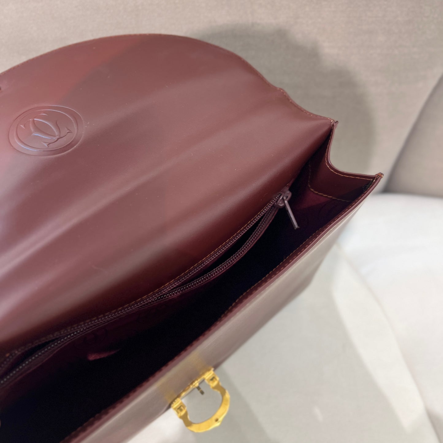 Cartier Vintage Golden Buckle Burgundy Red Leather Top Handle Handbag