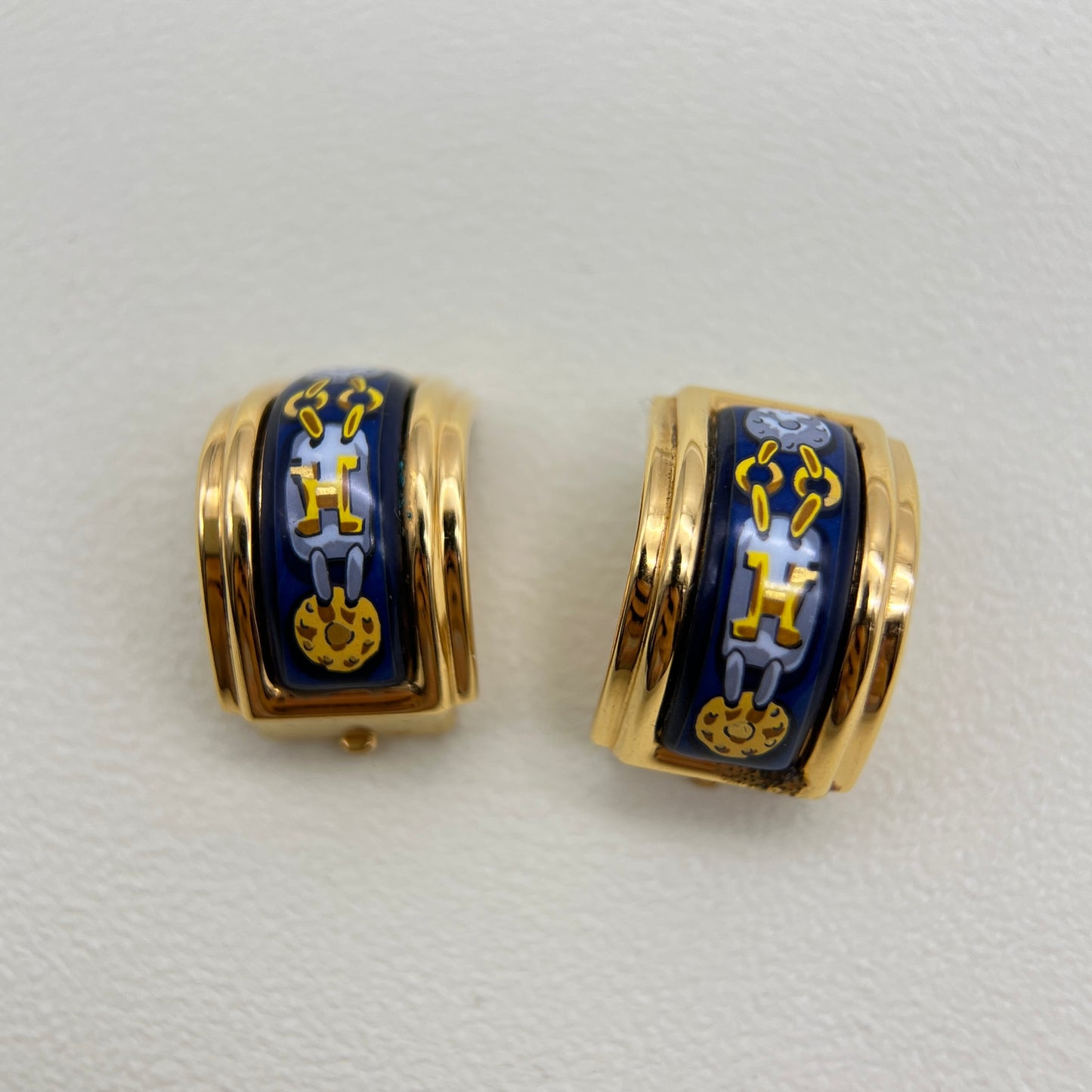 Hermes Vintage Blue Enamelled Golden Clip-on Earrings