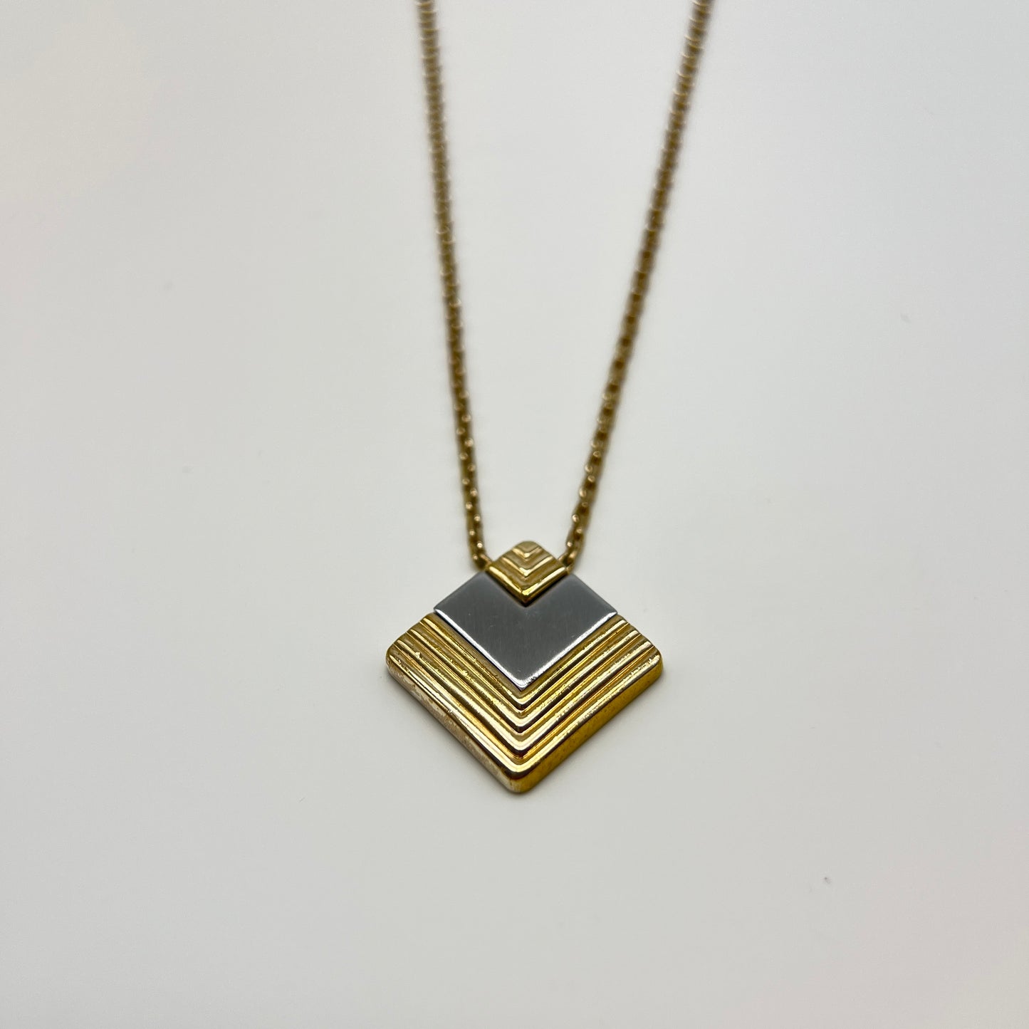 Christian Dior Vintage Silver And Gold Tone Diamond Shape Pendant Golden Necklace