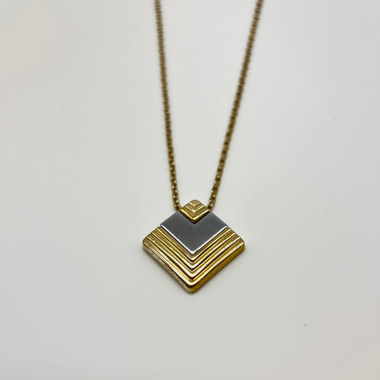 Christian Dior Vintage Silver And Gold Tone Diamond Shape Pendant Golden Necklace