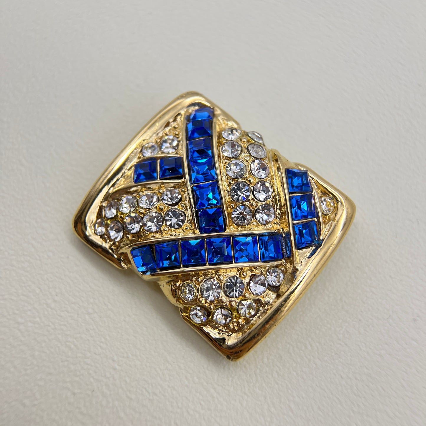 Yves Saint Laurent Vintage Blue and White Rhinestone Golden Brooch