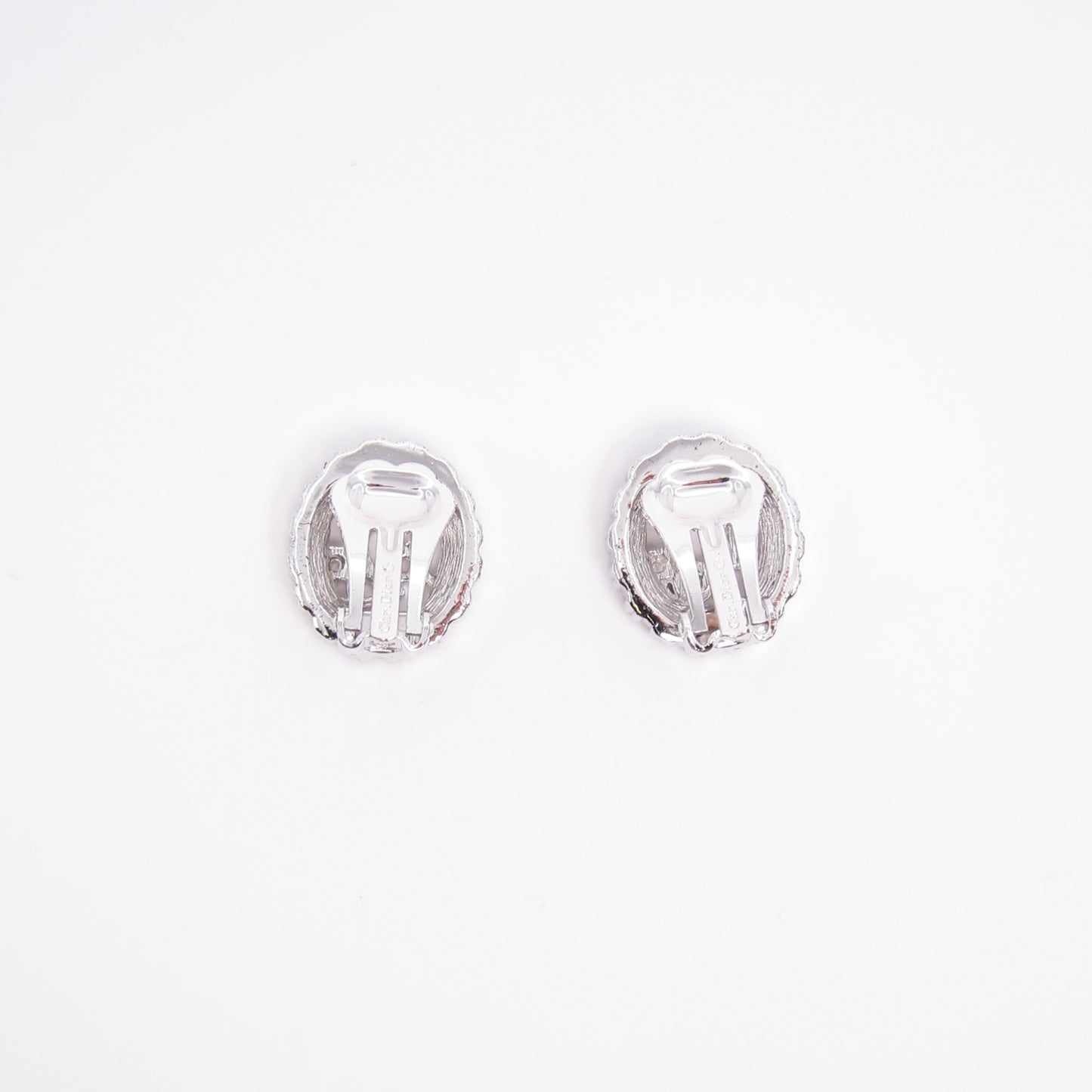 Christian Dior Vintage Dior Logo in Oval Shape with Rhinestone Silver Clip-on Earrings