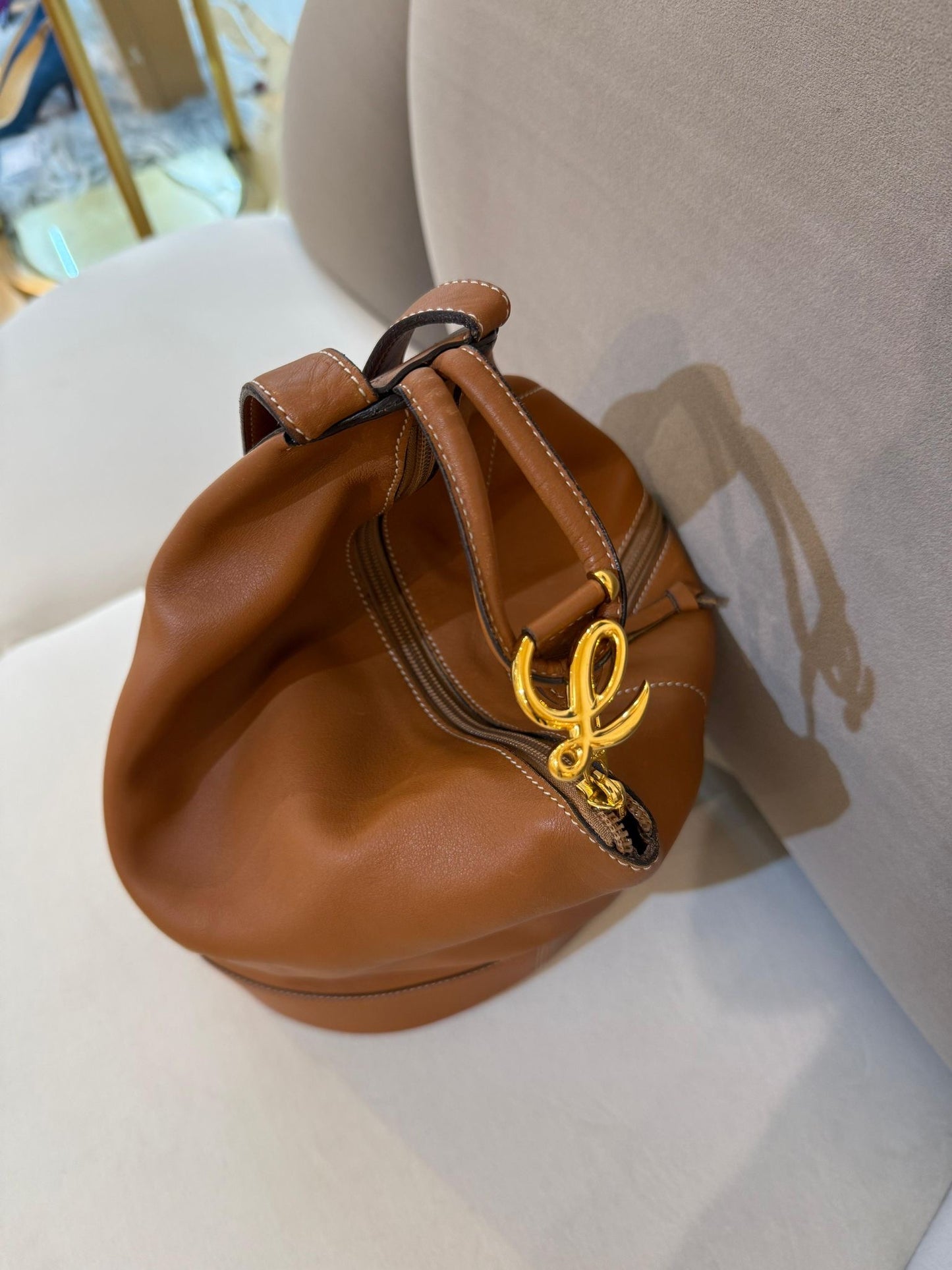 Loewe Vintage Tan Leather Backpack With Pouch