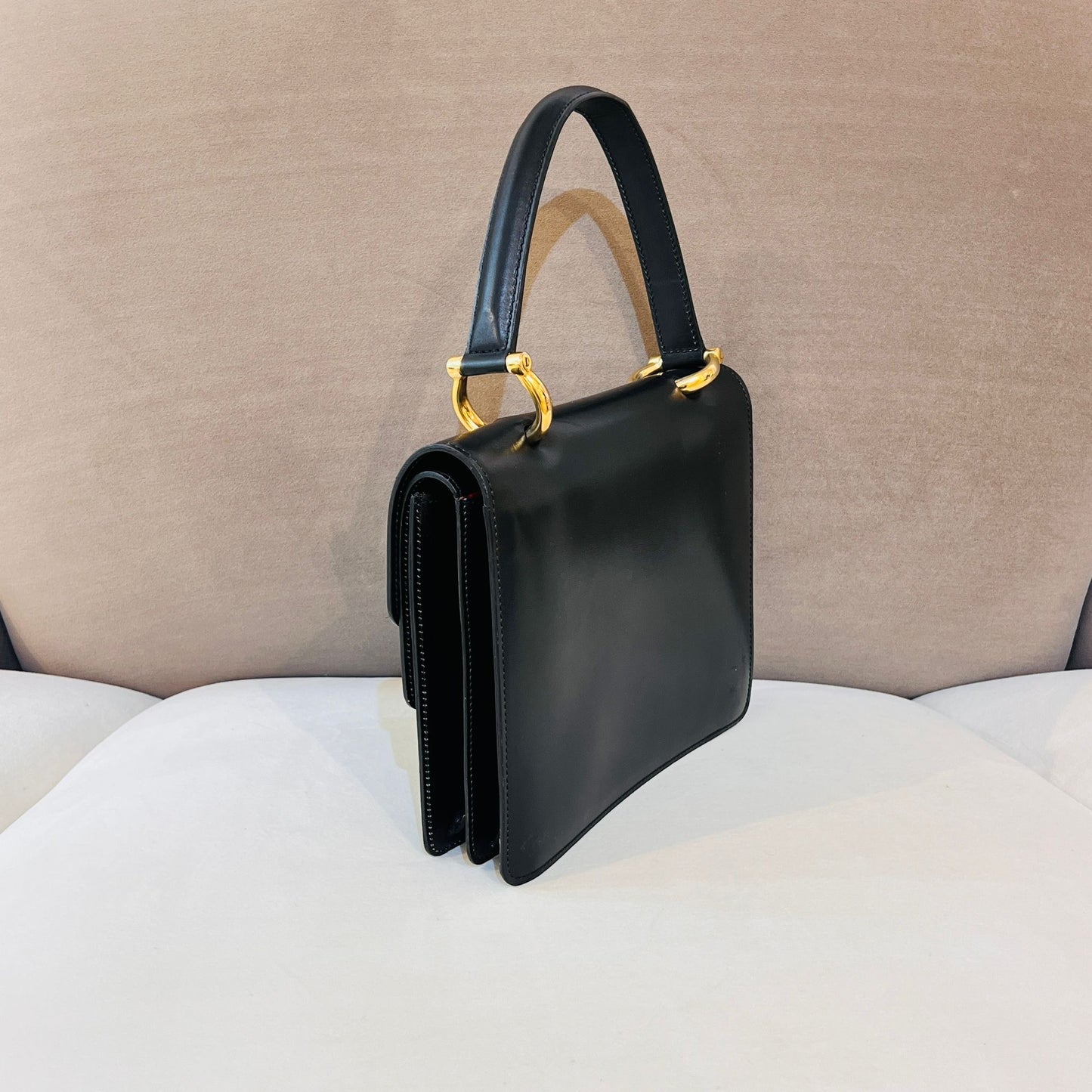 Celine Vintage Gancini Double Flap Black Leather Gold Clasp Handbag