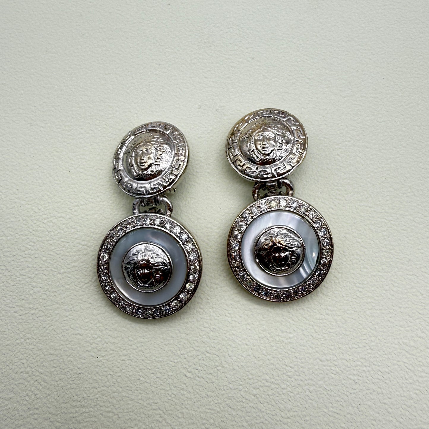 Gianni Versace Vintage Medusa in Double Round Shape with Rhinestone Silver Clip-on Earrings